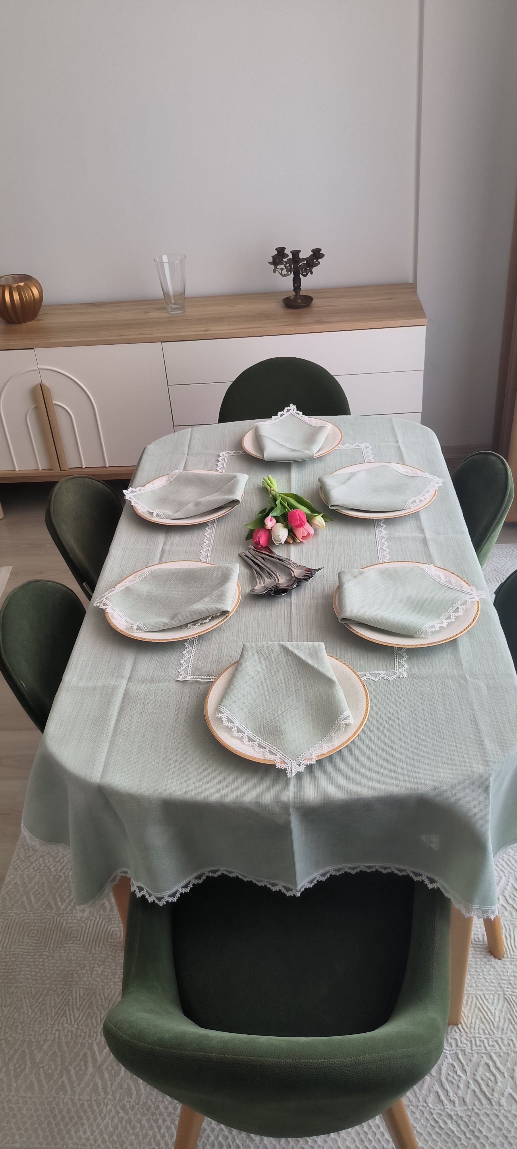 6 kişilik masa örtüsü ve 6 adet peçete / Simli keten küf yeşili güpürlü 