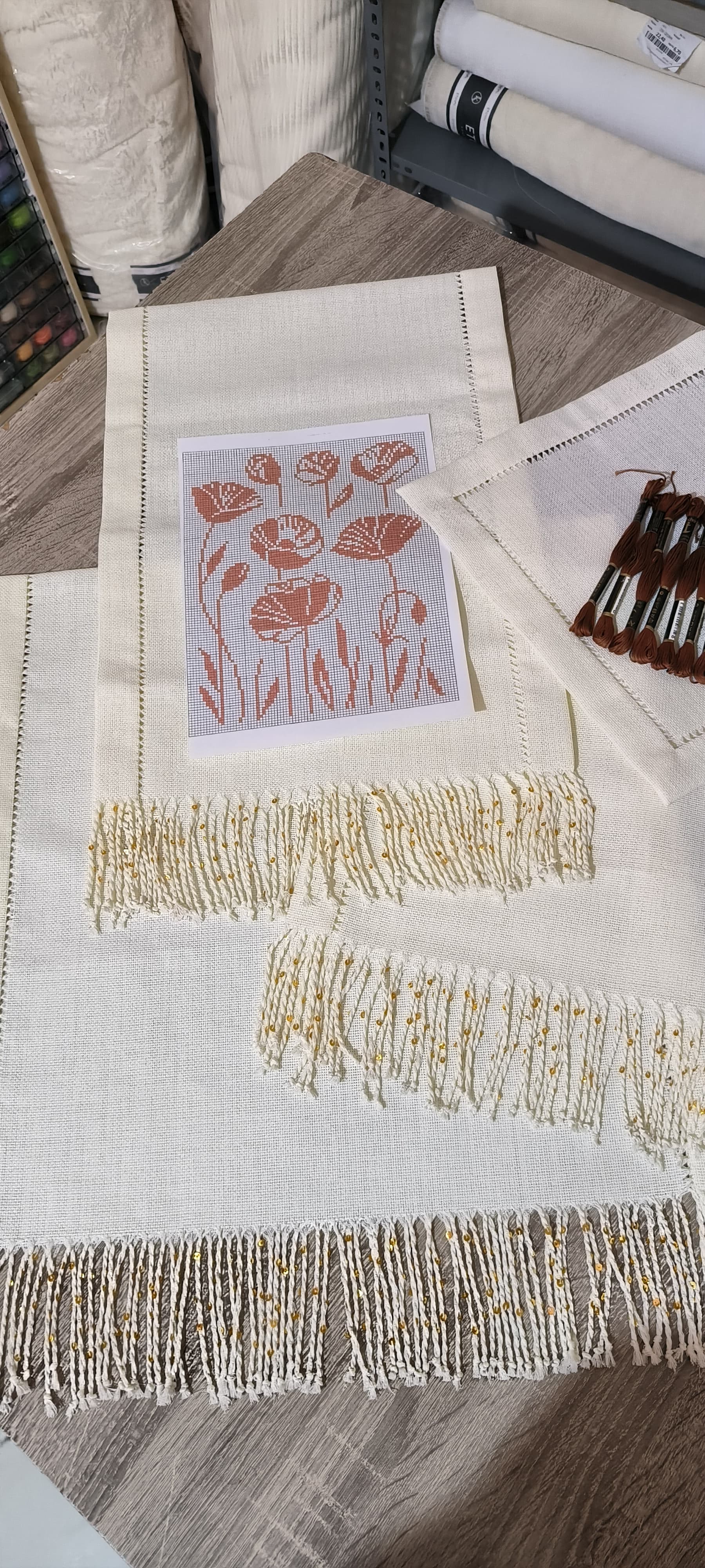 Salon takımı işleme kiti/ Püsküllü pulu antikali krem etuval linen 