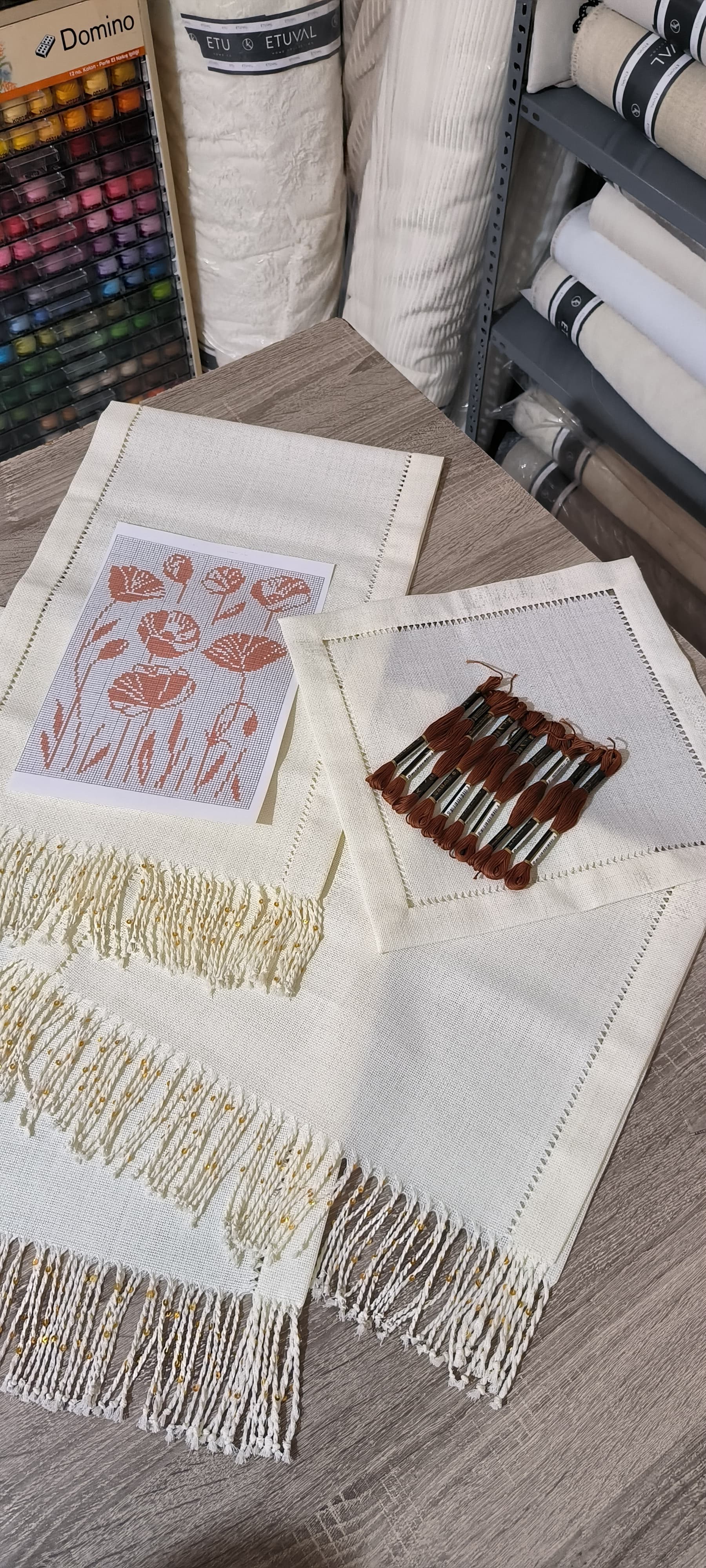 Salon takımı işleme kiti/ Püsküllü pulu antikali krem etuval linen 