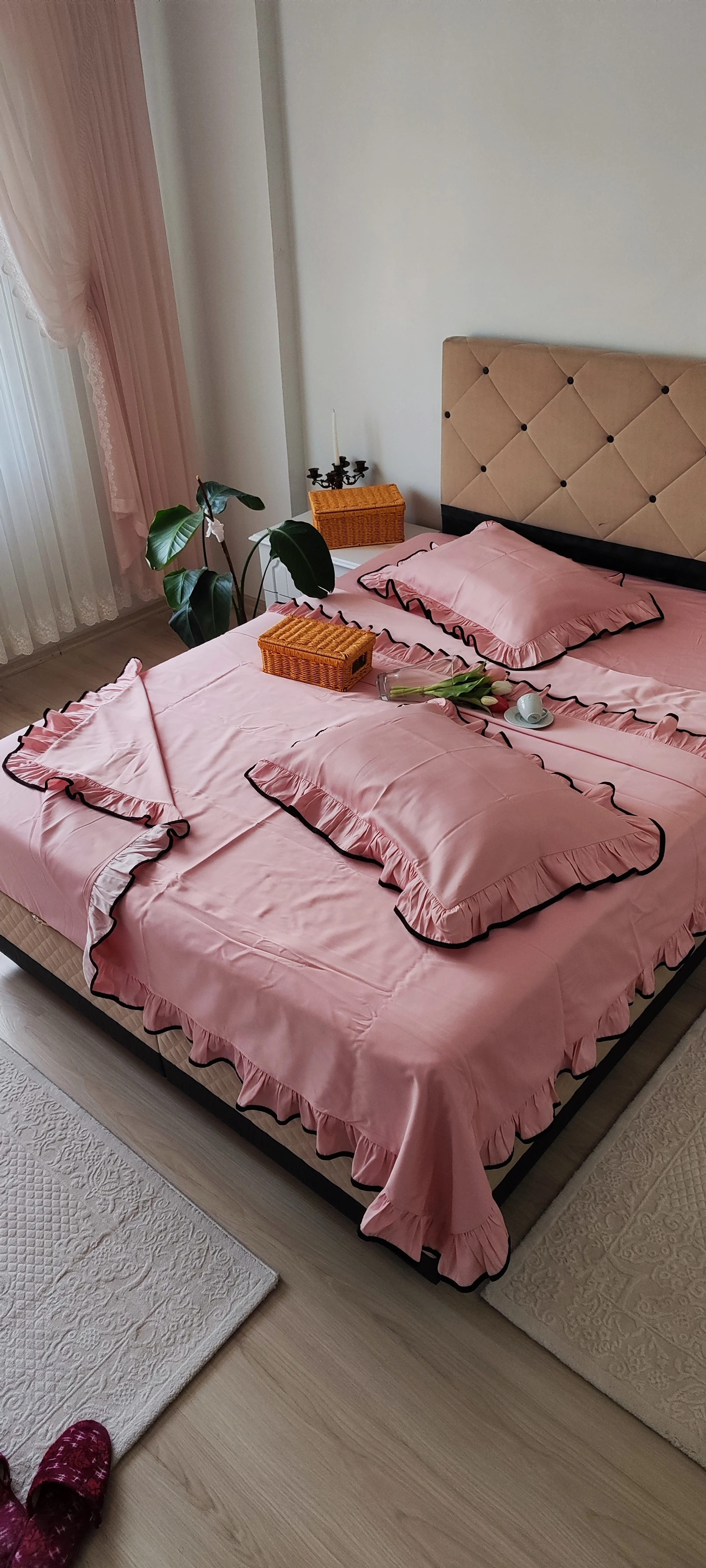 Fırfırlı Nevresim takımı / pudra pamuklu mat saten 