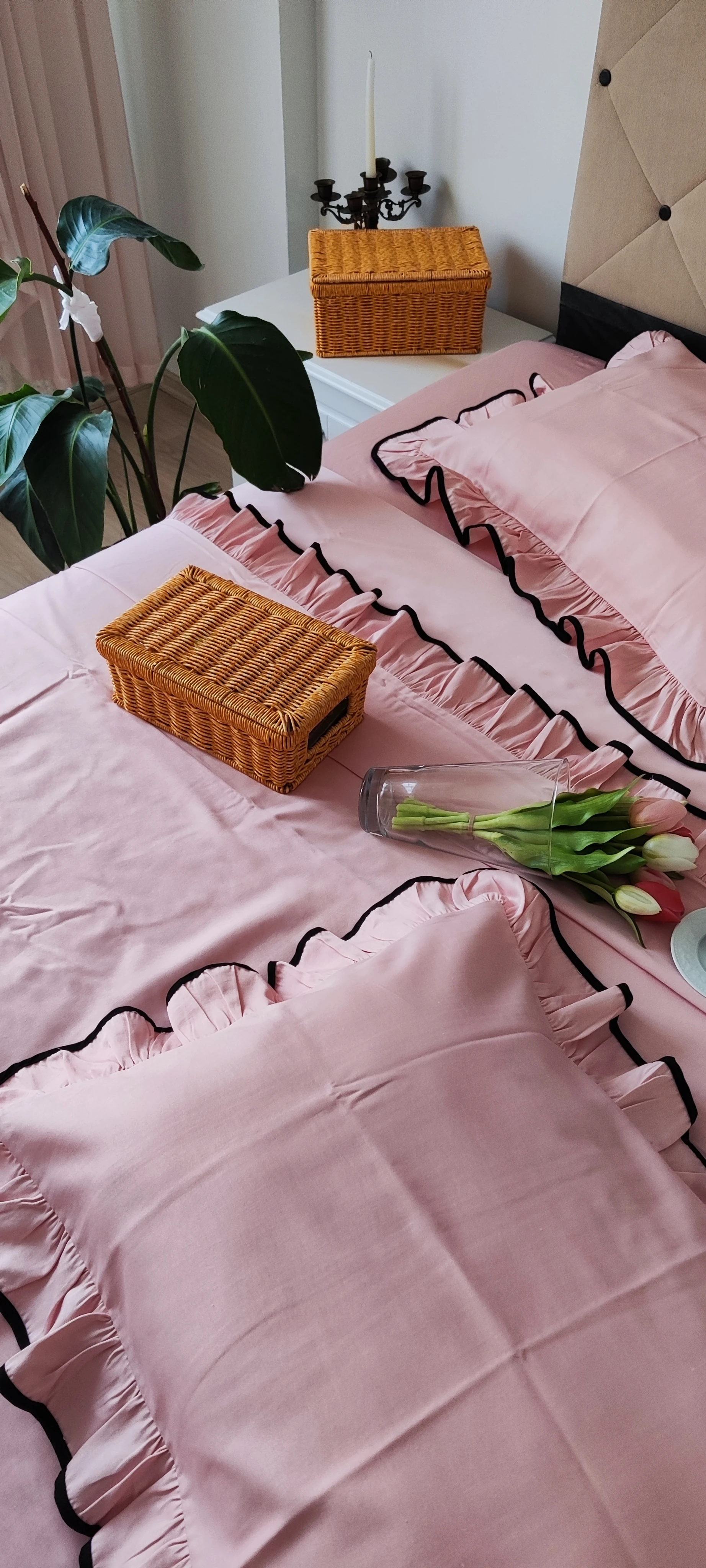 Fırfırlı Nevresim takımı / pudra pamuklu mat saten 