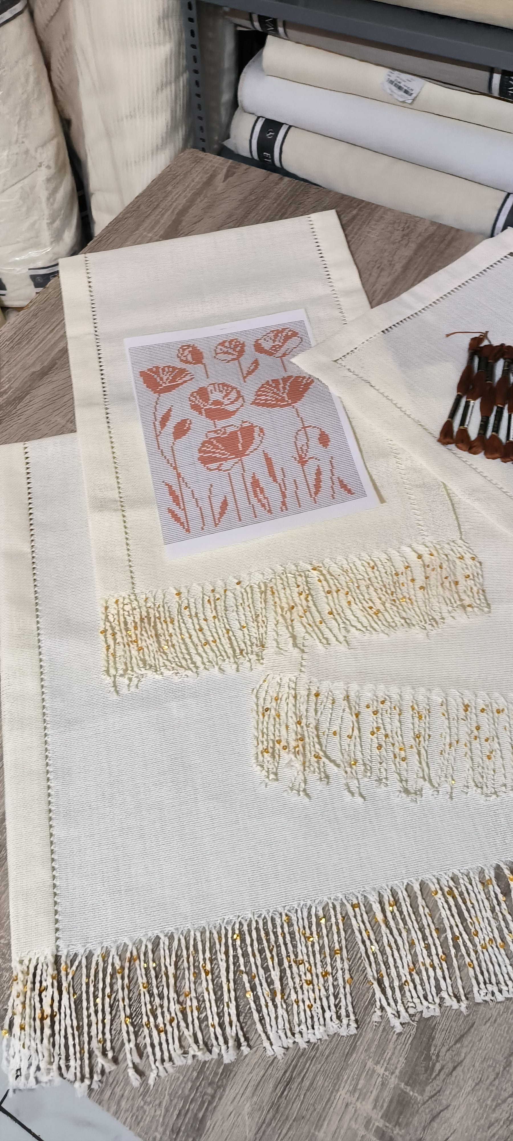 Salon takımı işleme kiti/ Püsküllü pulu antikali krem etuval linen 