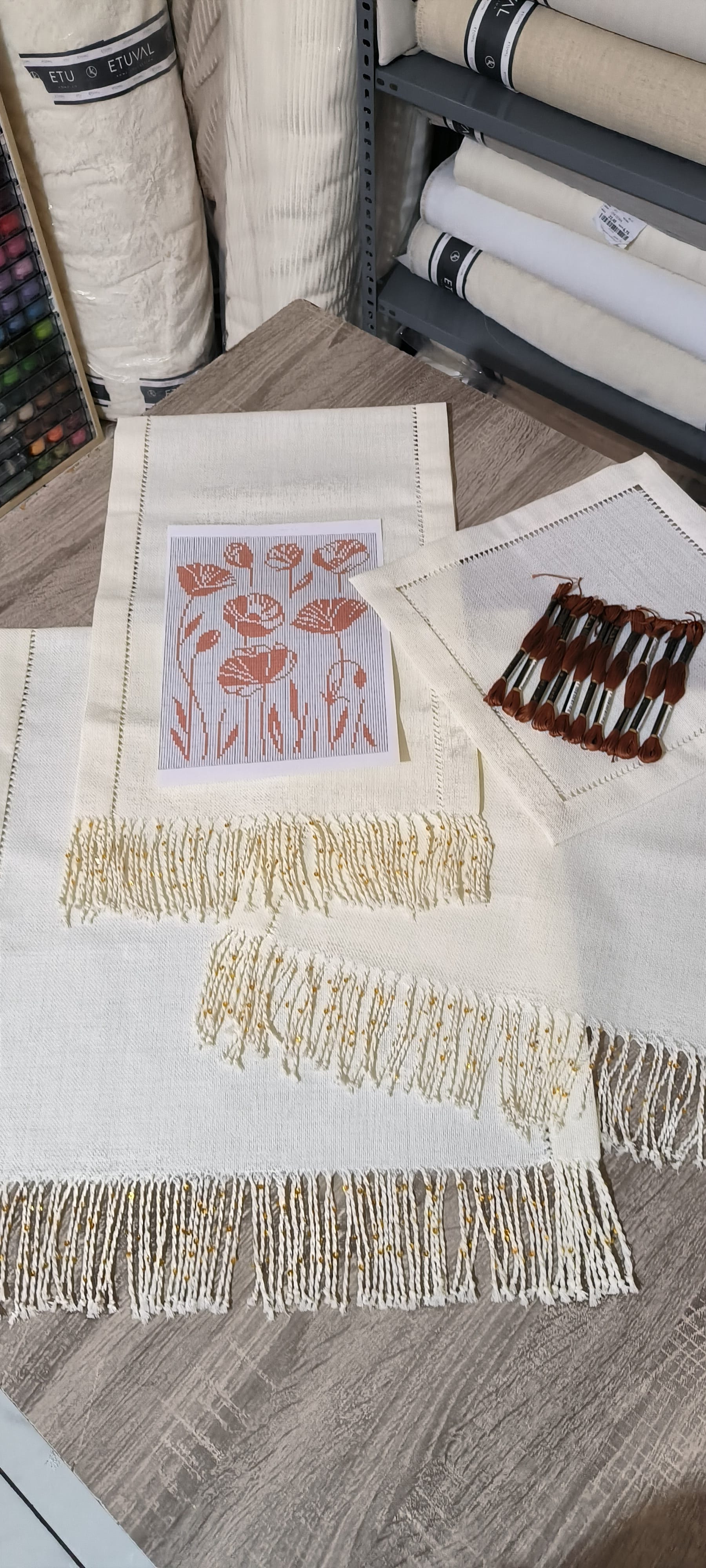 Salon takımı işleme kiti/ Püsküllü pulu antikali krem etuval linen 