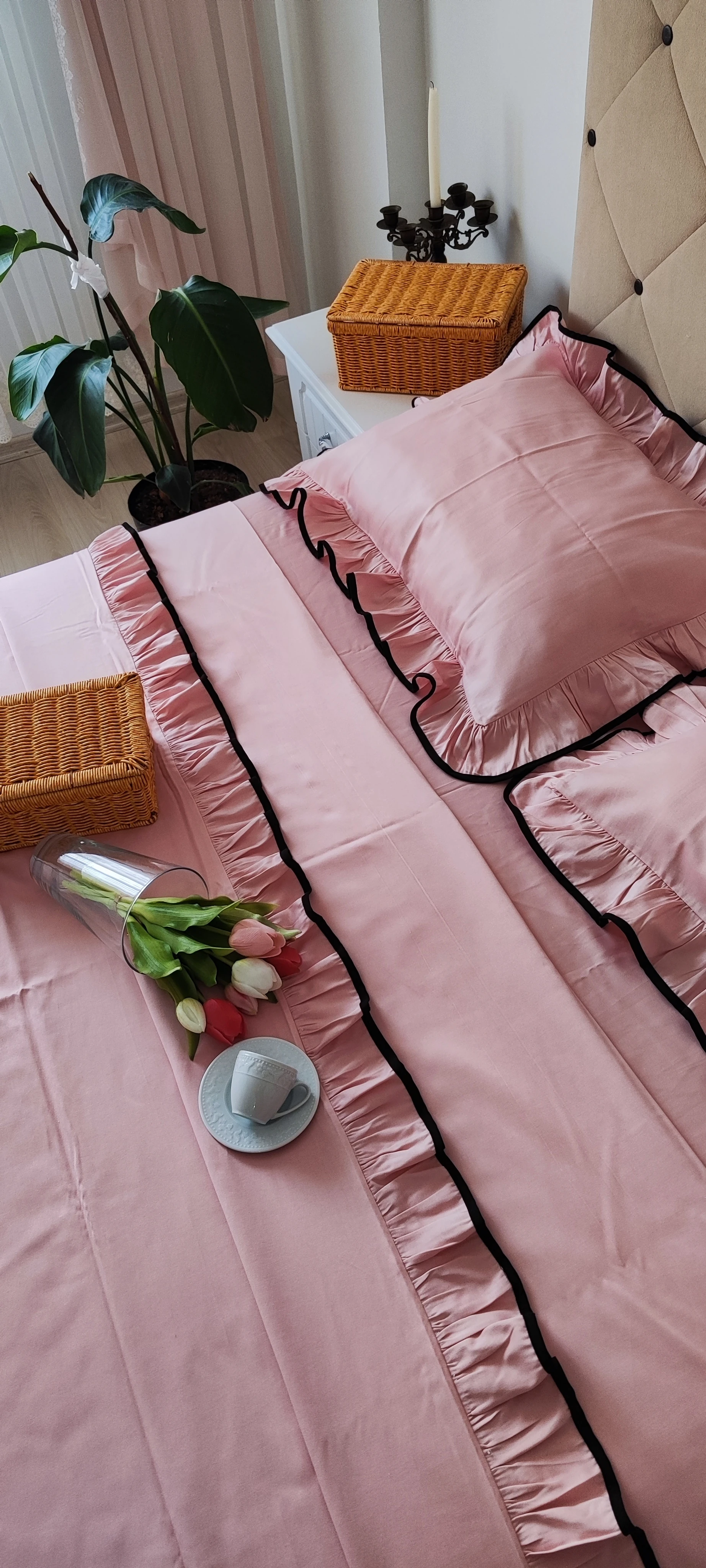 Fırfırlı Nevresim takımı / pudra pamuklu mat saten 