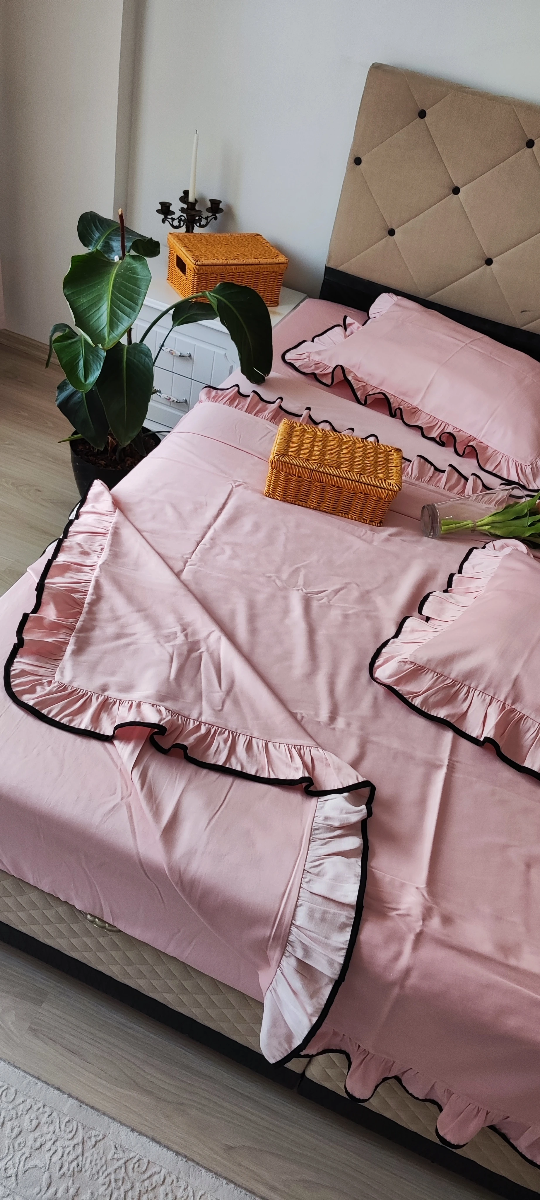 Fırfırlı Nevresim takımı / pudra pamuklu mat saten 