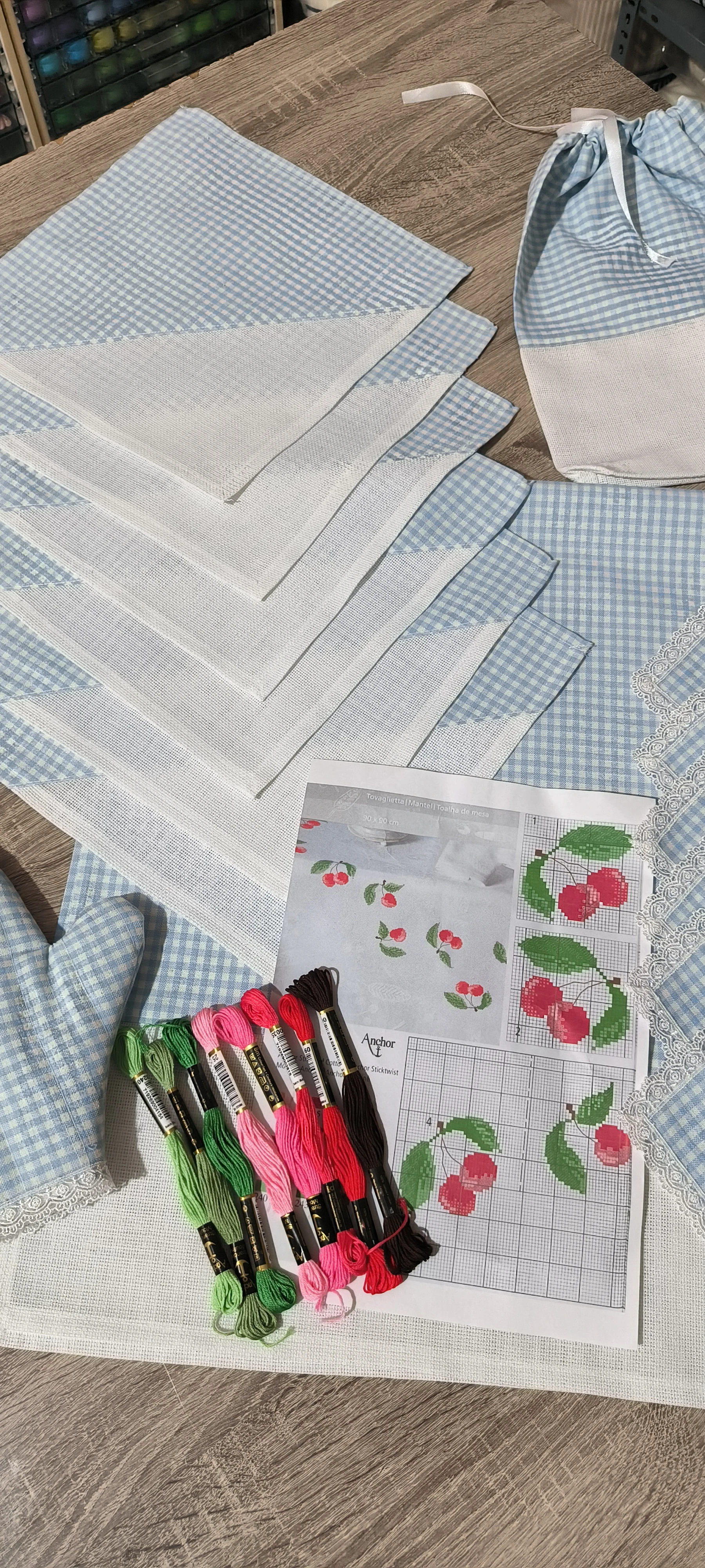 Mutfak takımı işleme kiti/ etamin alanlı ve  pitikare kumaş birleşimi 