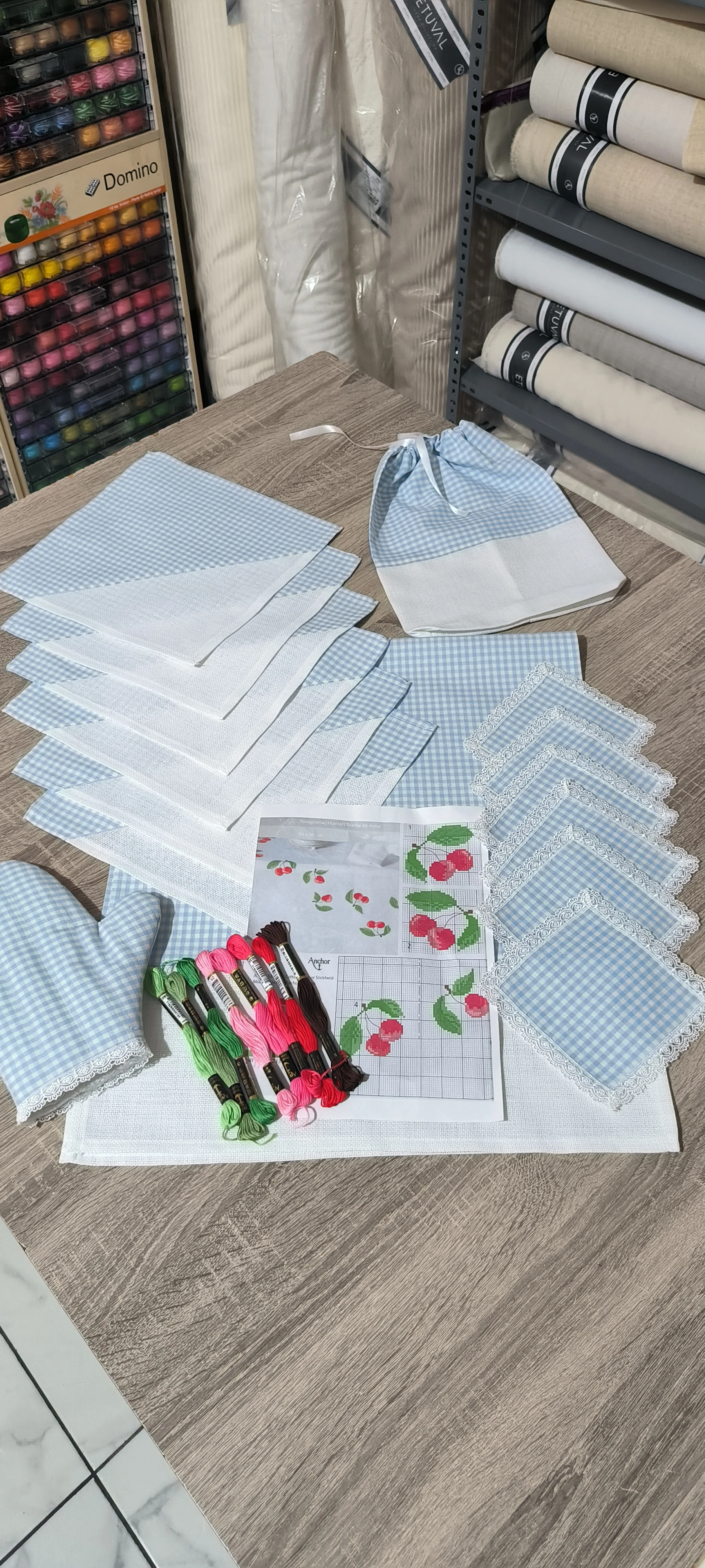 Mutfak takımı işleme kiti/ etamin alanlı ve  pitikare kumaş birleşimi 