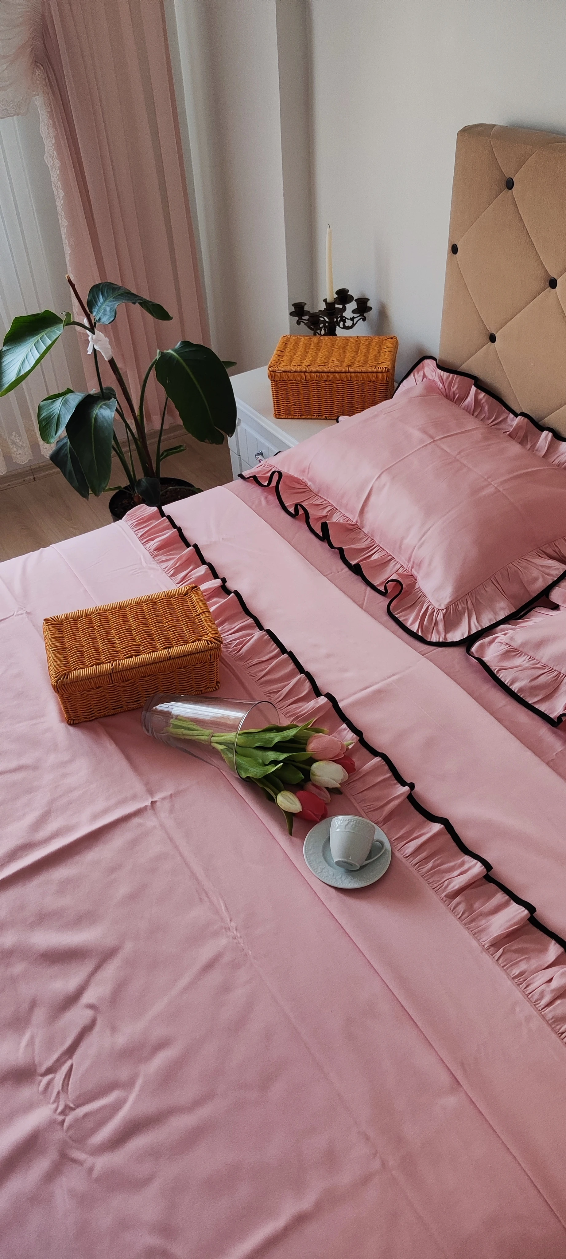 Fırfırlı Nevresim takımı / pudra pamuklu mat saten 