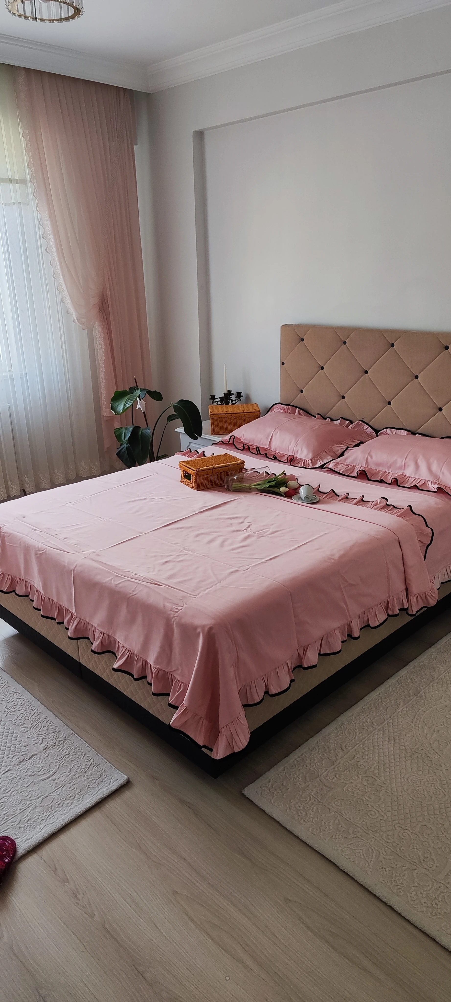 Fırfırlı Nevresim takımı / pudra pamuklu mat saten 