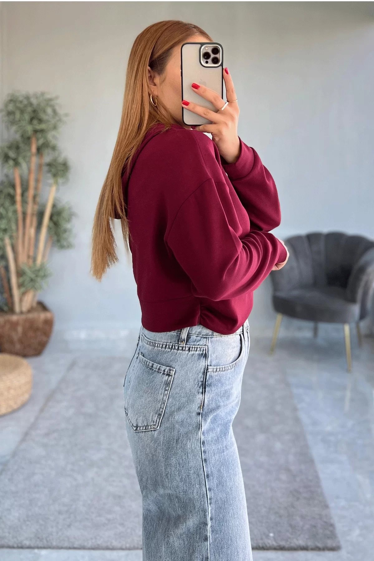 Kapşonlu Crop Bordo Sweatshirt