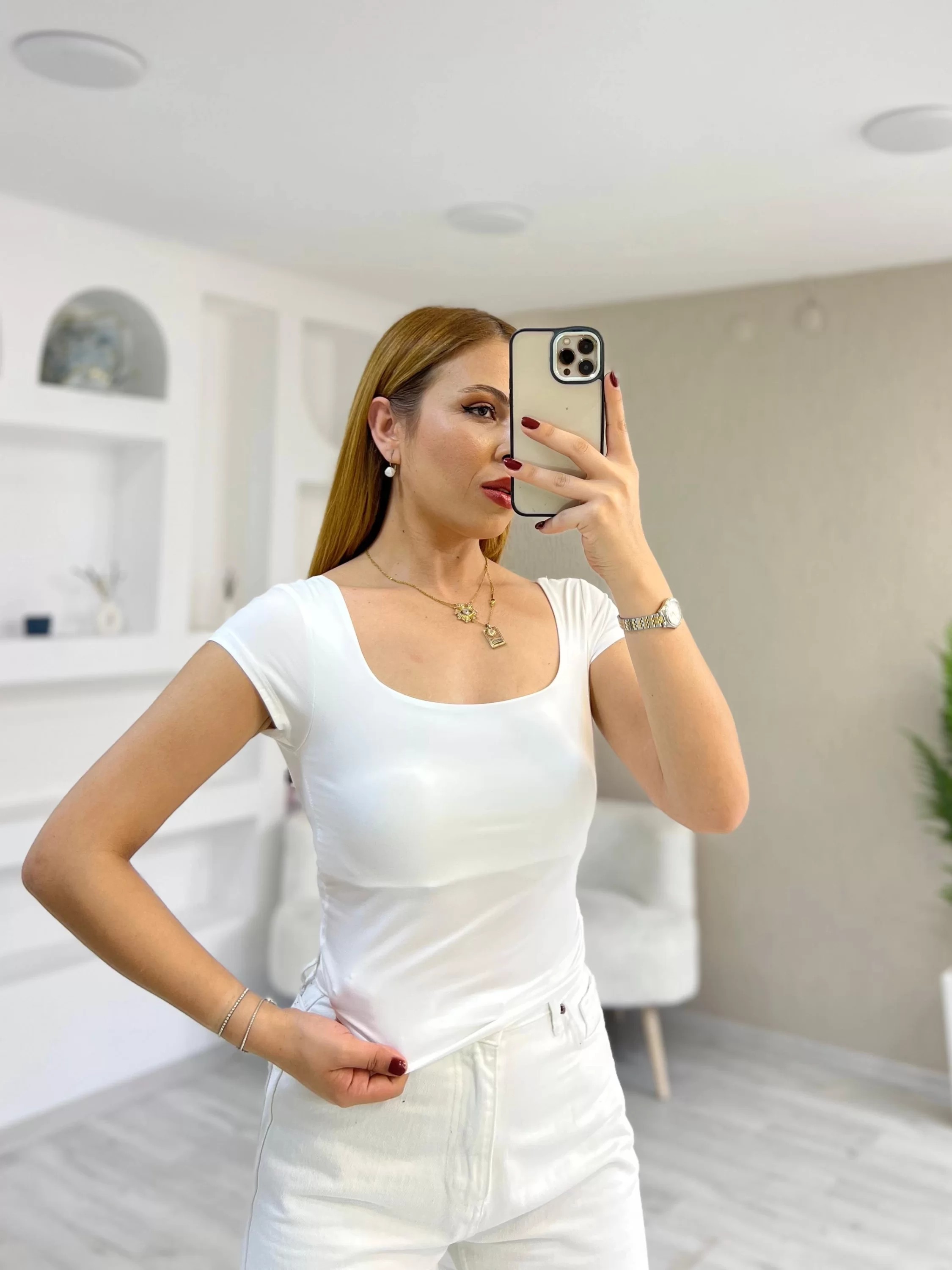 Sandy Kumaş Kare Yaka Kısa Kol Bady Beyaz