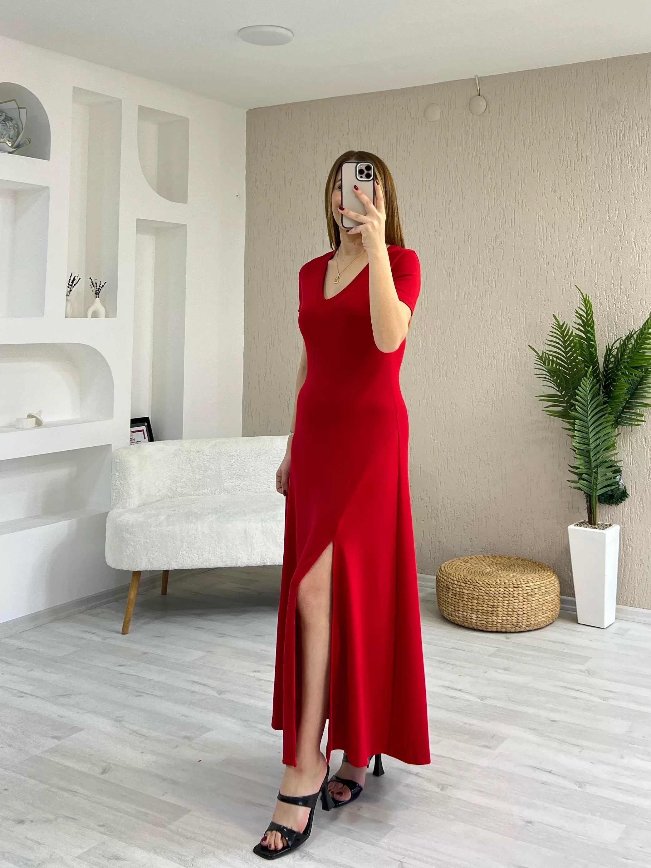 Modal Tek Yırtmaçlı Maxi Boy Elbise Kırmızı