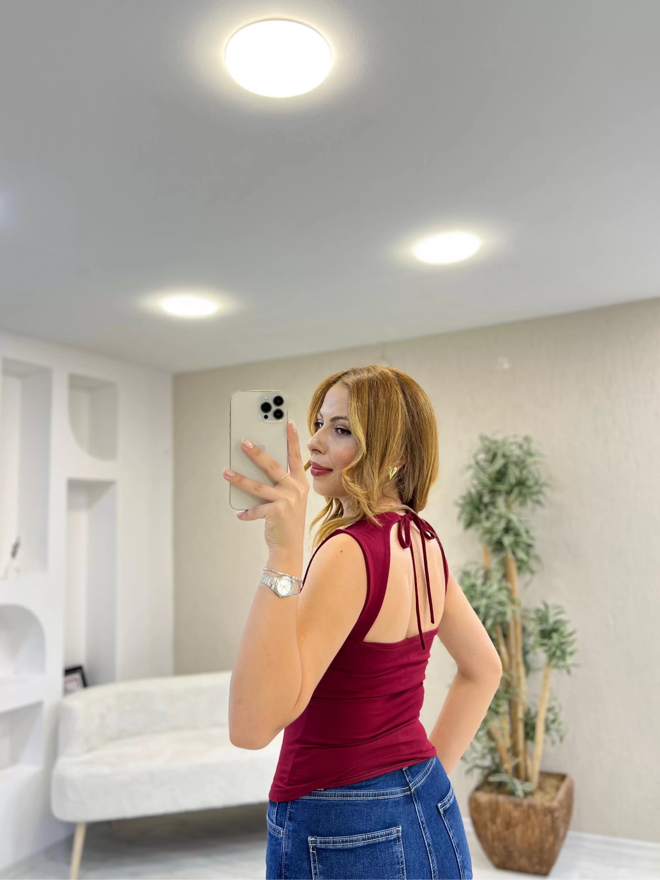 Likralı Pencereli Boyundan Bağlamalı Tişört Bordo