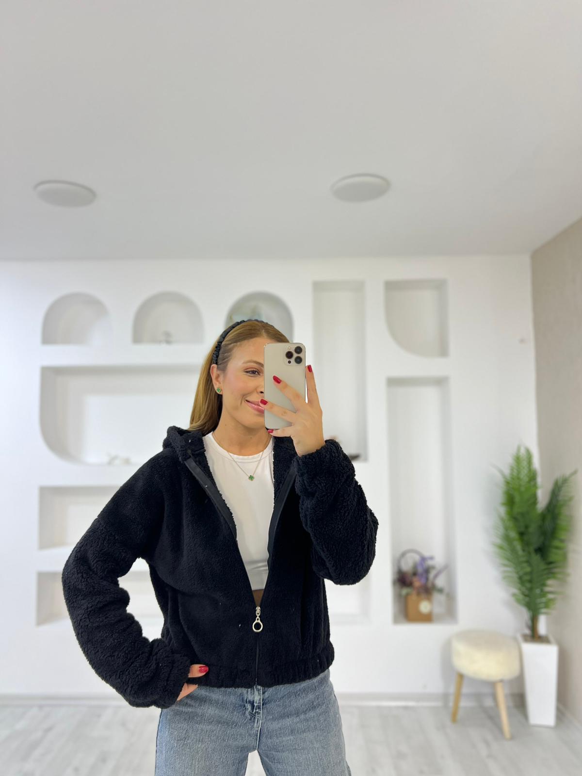 Kapşonlu Teddy Peluş Ceket - Siyah