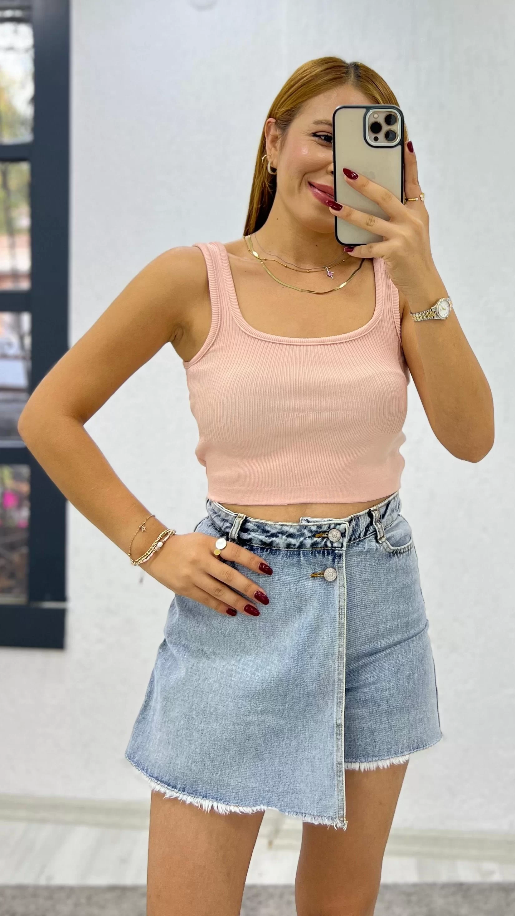 Kalın Askılı Crop Atlet Pudra