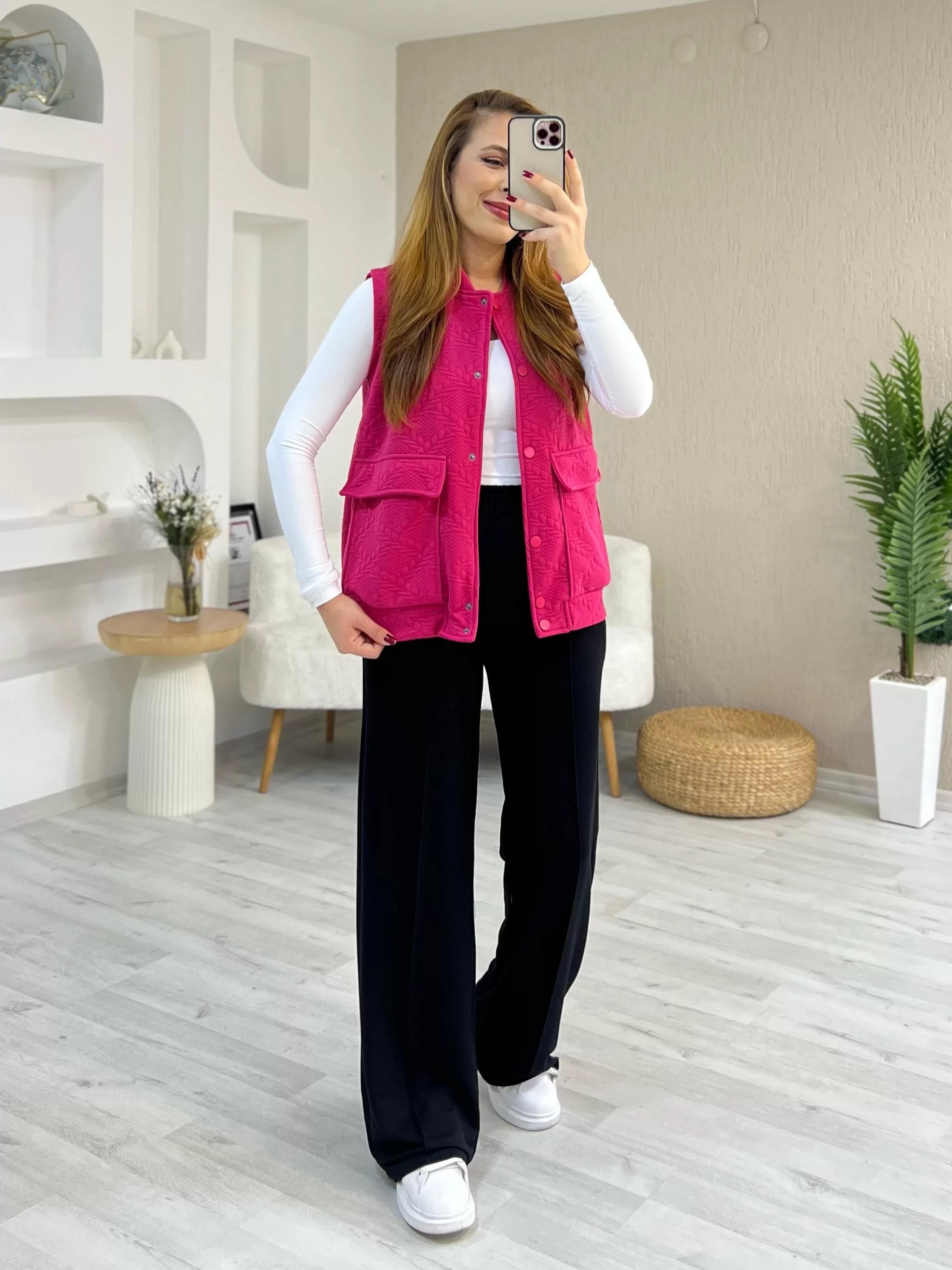 Kapitoneli Yelekli Takım Pembe