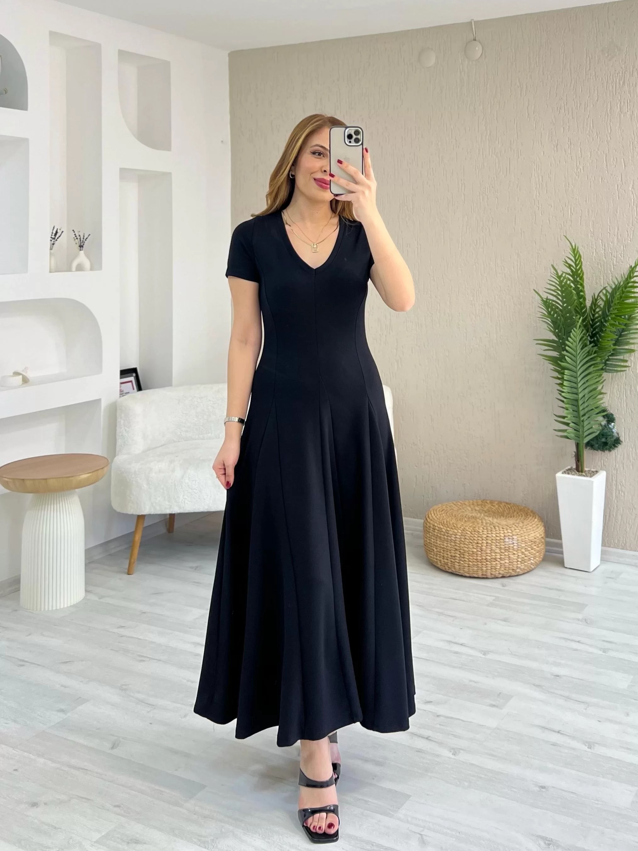 Modal Dilimli Maxi Boy Elbise Siyah