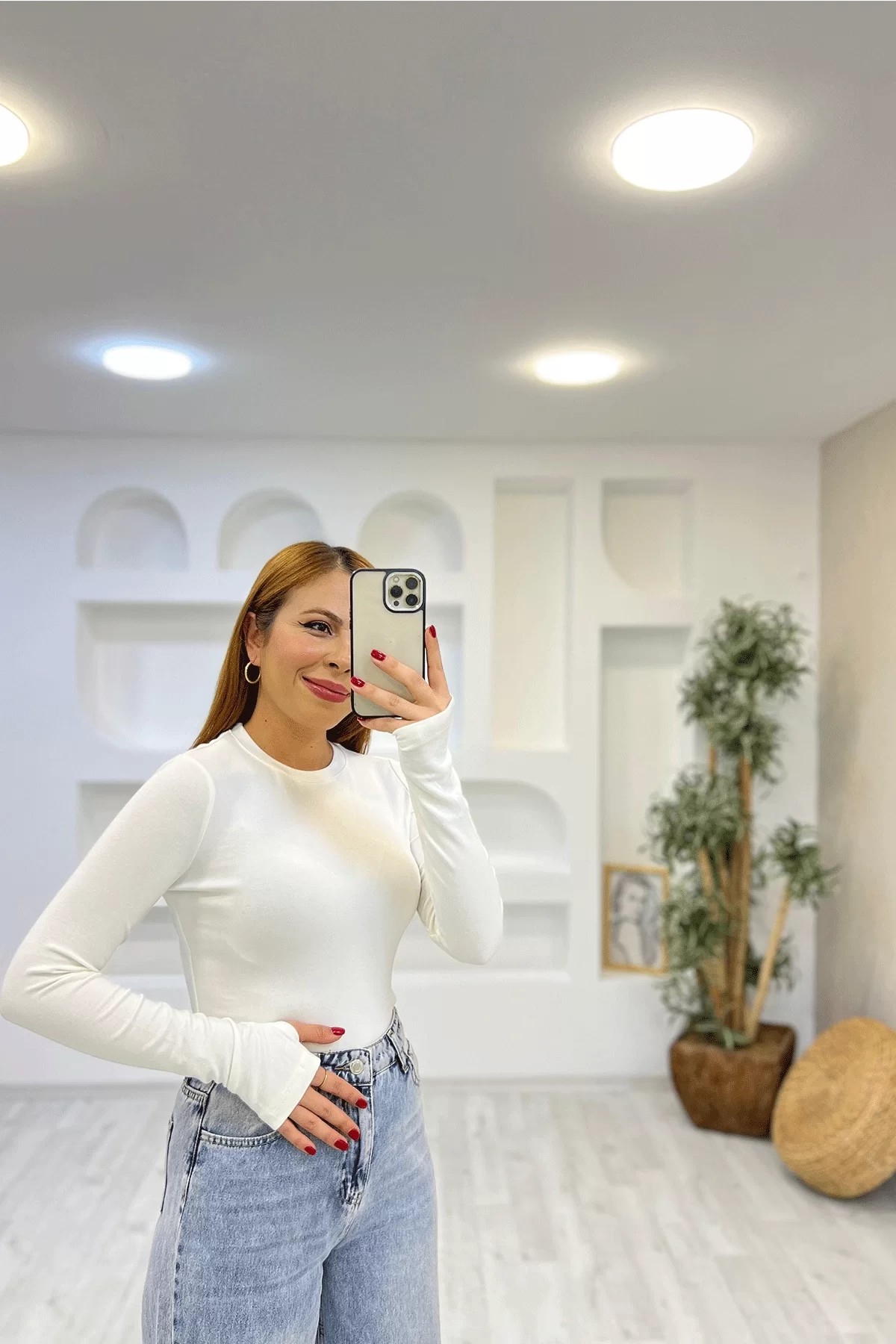 Oysho Parmak Geçmeli Uzun Kol Bady Beyaz