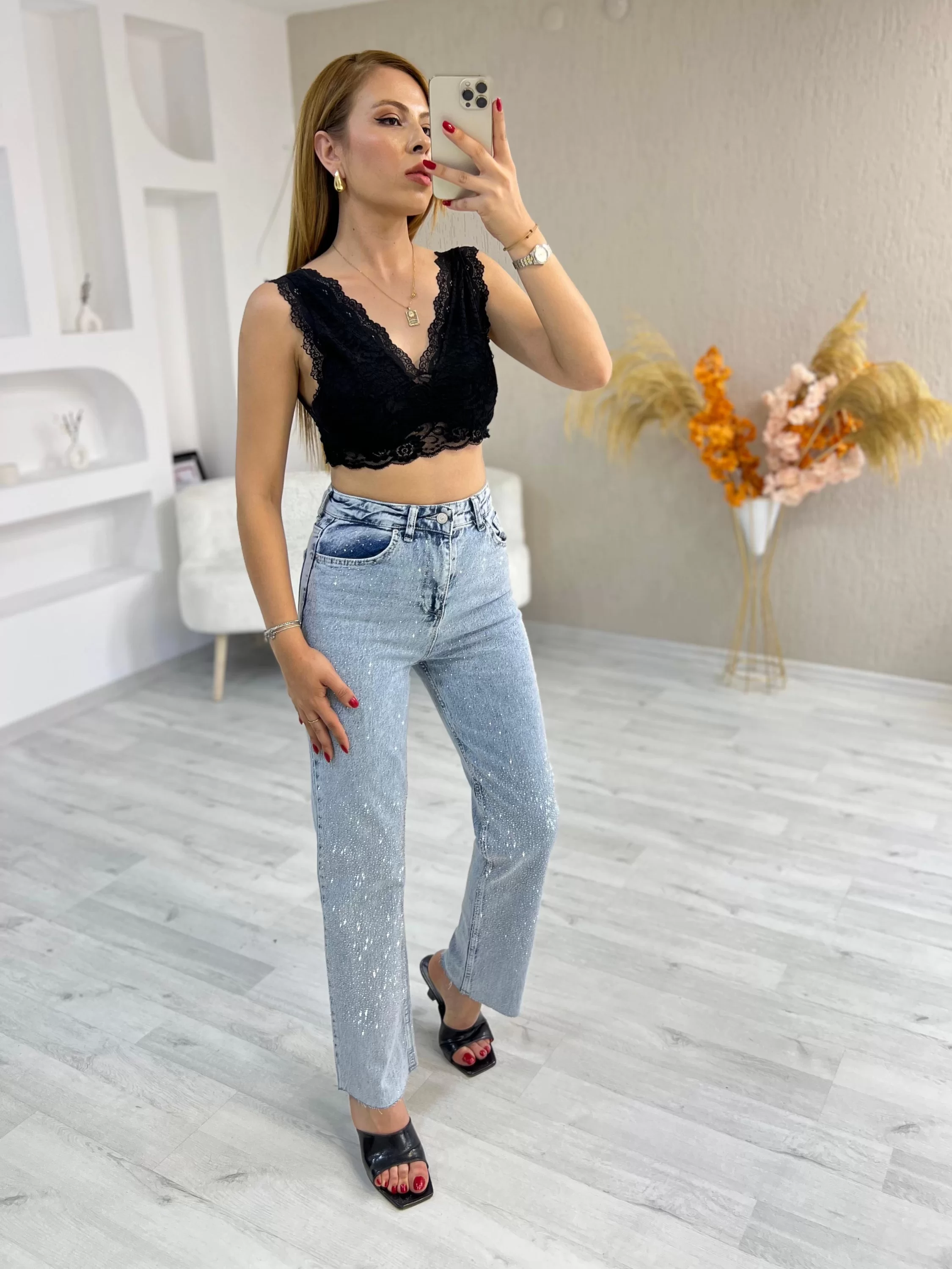 Serpme Taşlı Kot Pantolon