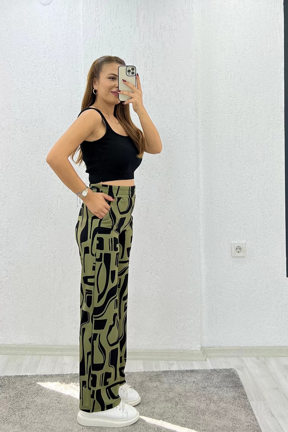 Krep Kumaş Leopar Yeşil Pantolon