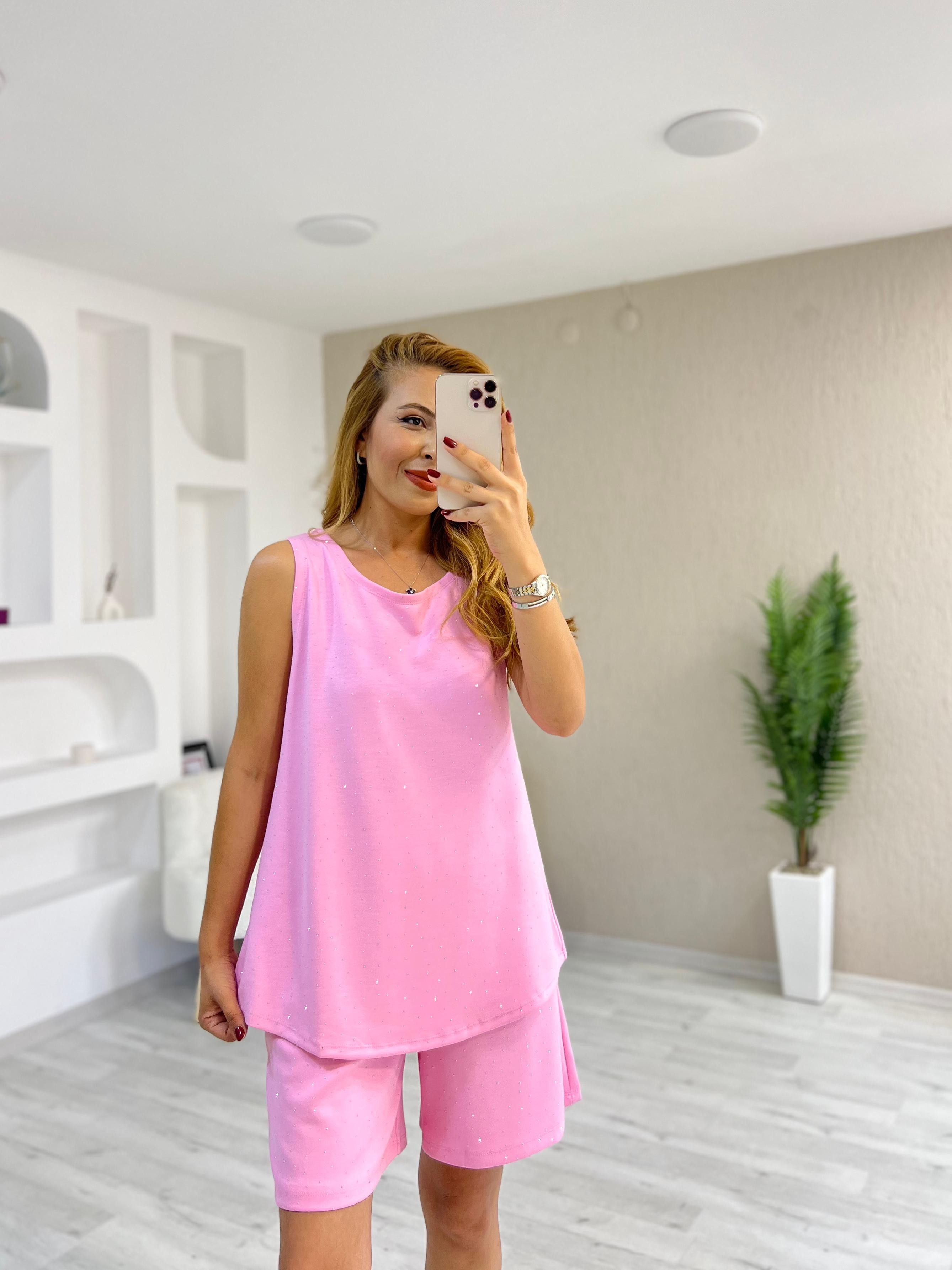 Modal Kumaş Taş Detay Şortlu Takım - Pembe