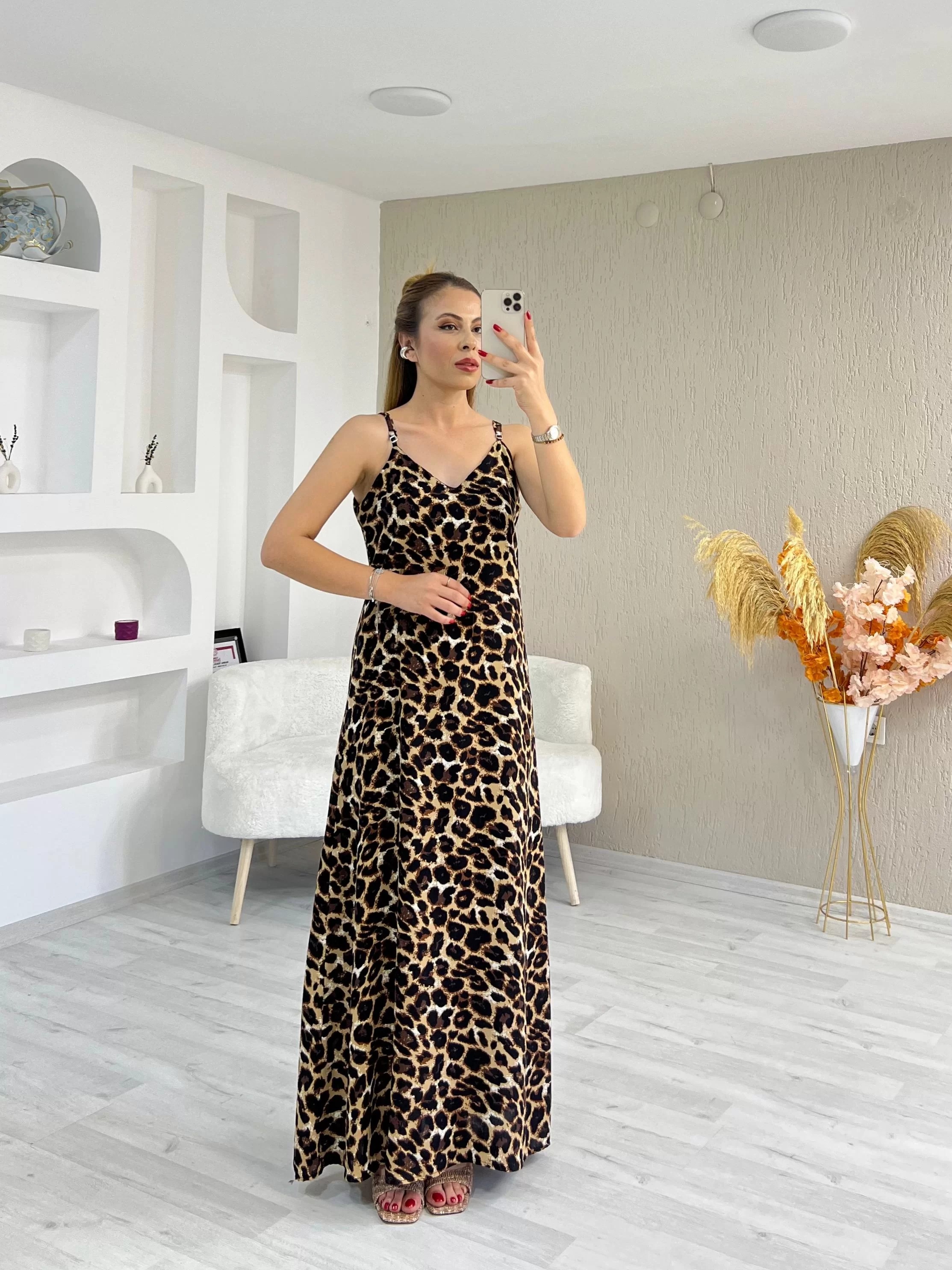 Dokuma Baskılı Viskon Askılı Elbise Leopar