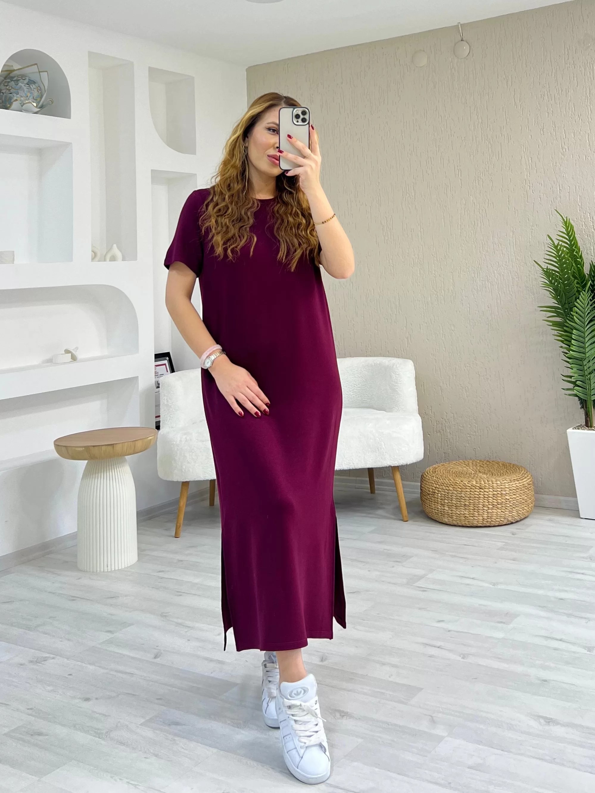Yırtmaçlı Modal Elbise Bordo