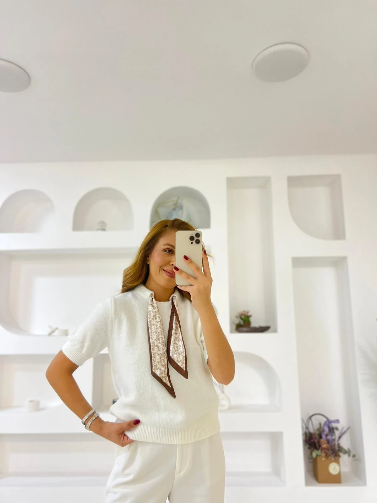 Fularlı Triko Bluz - Beyaz