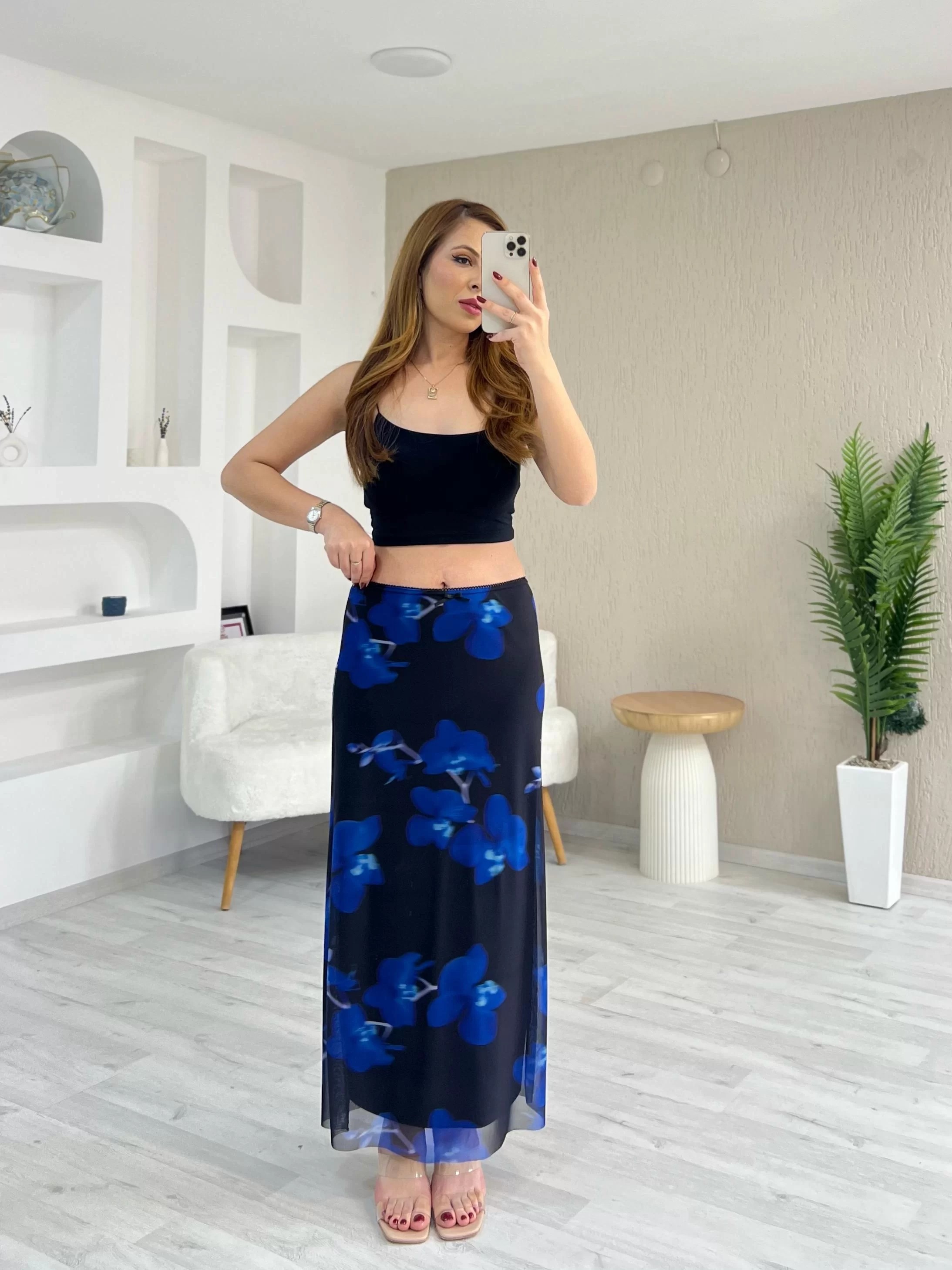 Astarlı Tül Etek Lacivert Desen