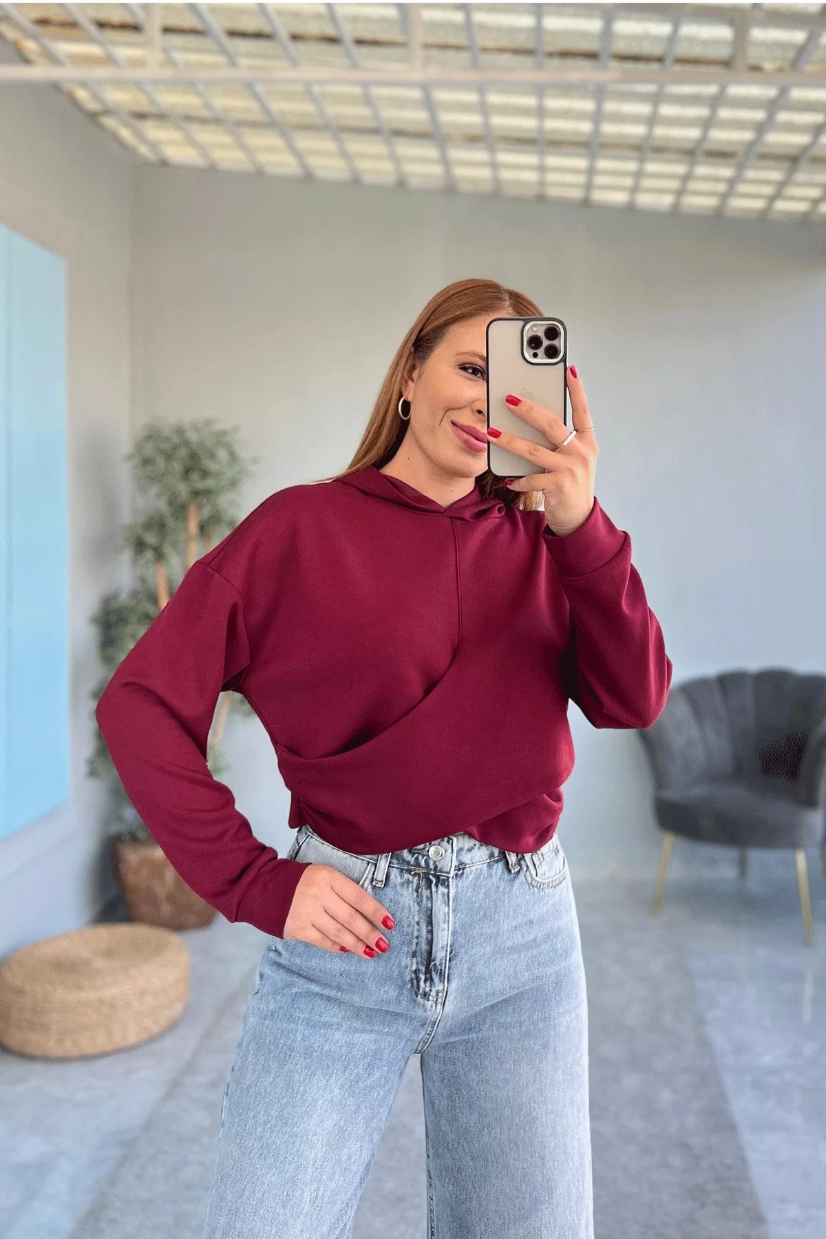 Kapşonlu Crop Bordo Sweatshirt