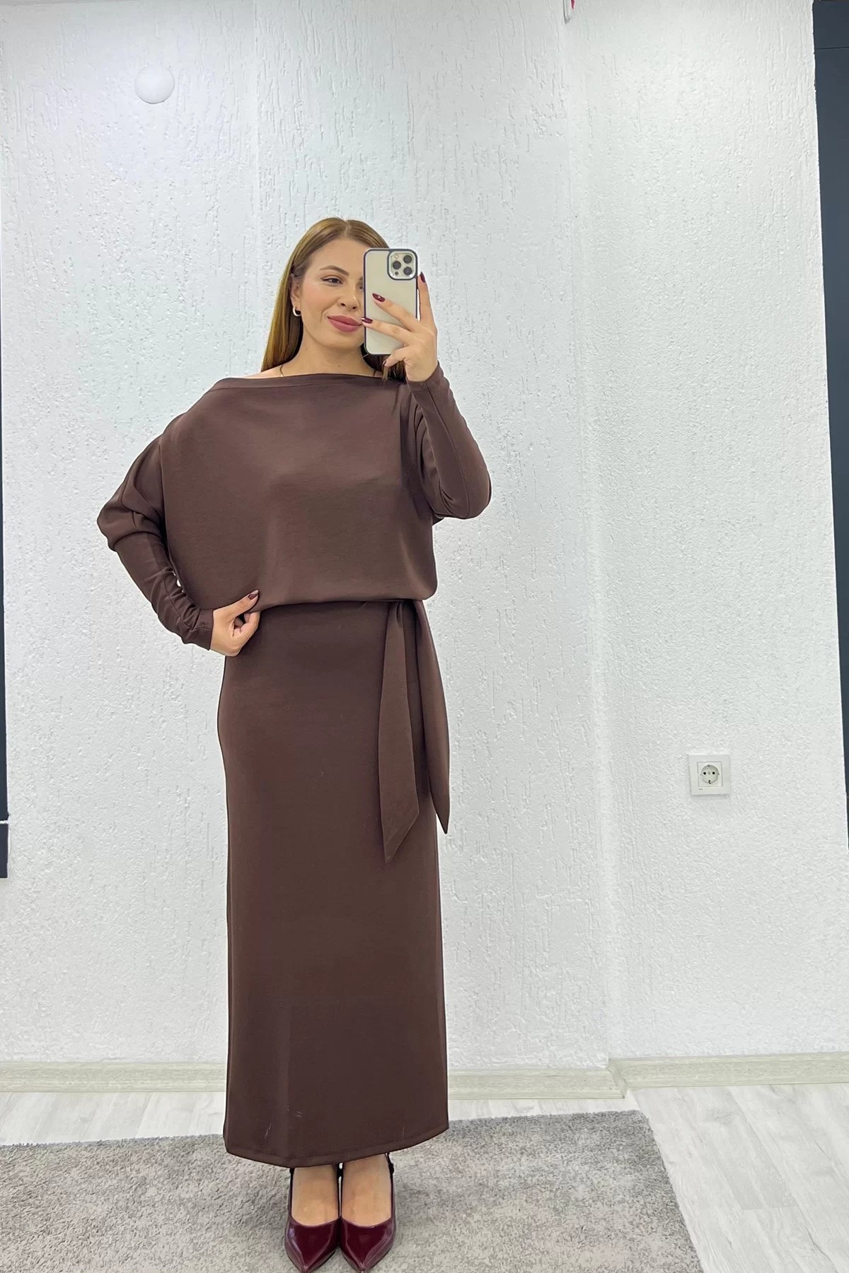 Modal Kumaş Kuşaklı Taba Elbise