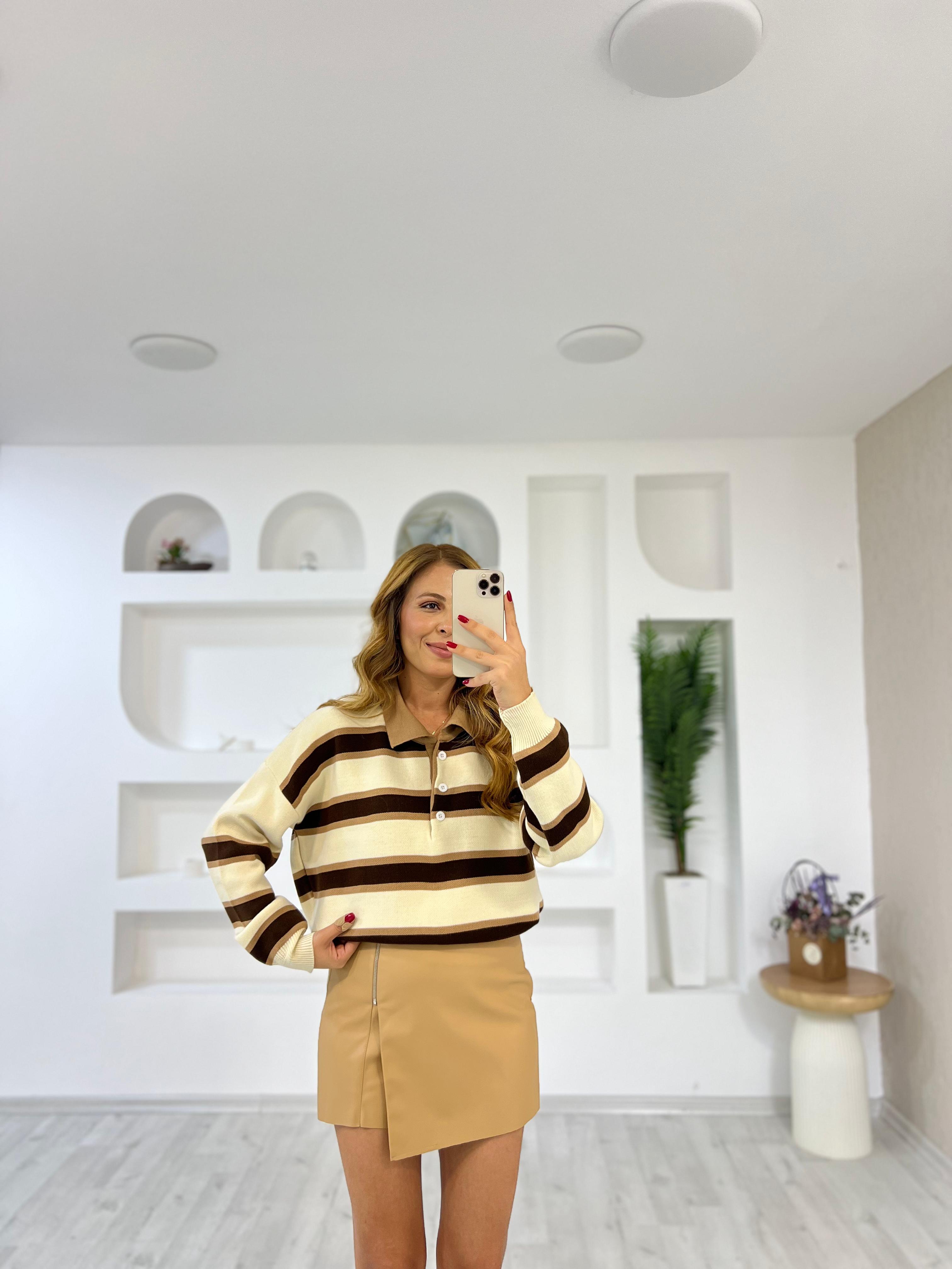 Polo Yaka Çizgili Triko Kazak - Krem