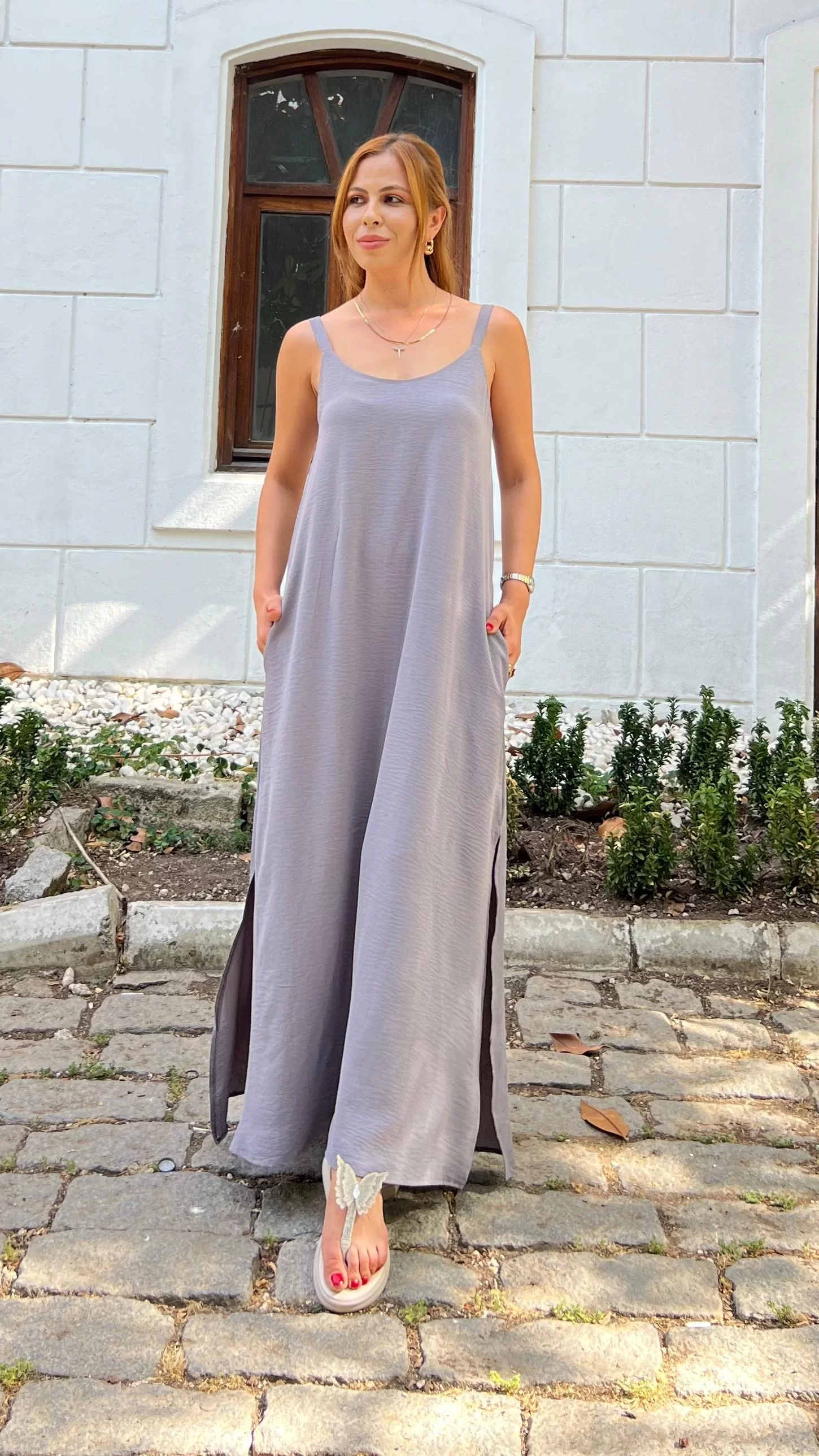 İp Askılı Yırtmaçlı Ayrobin Elbise Gri