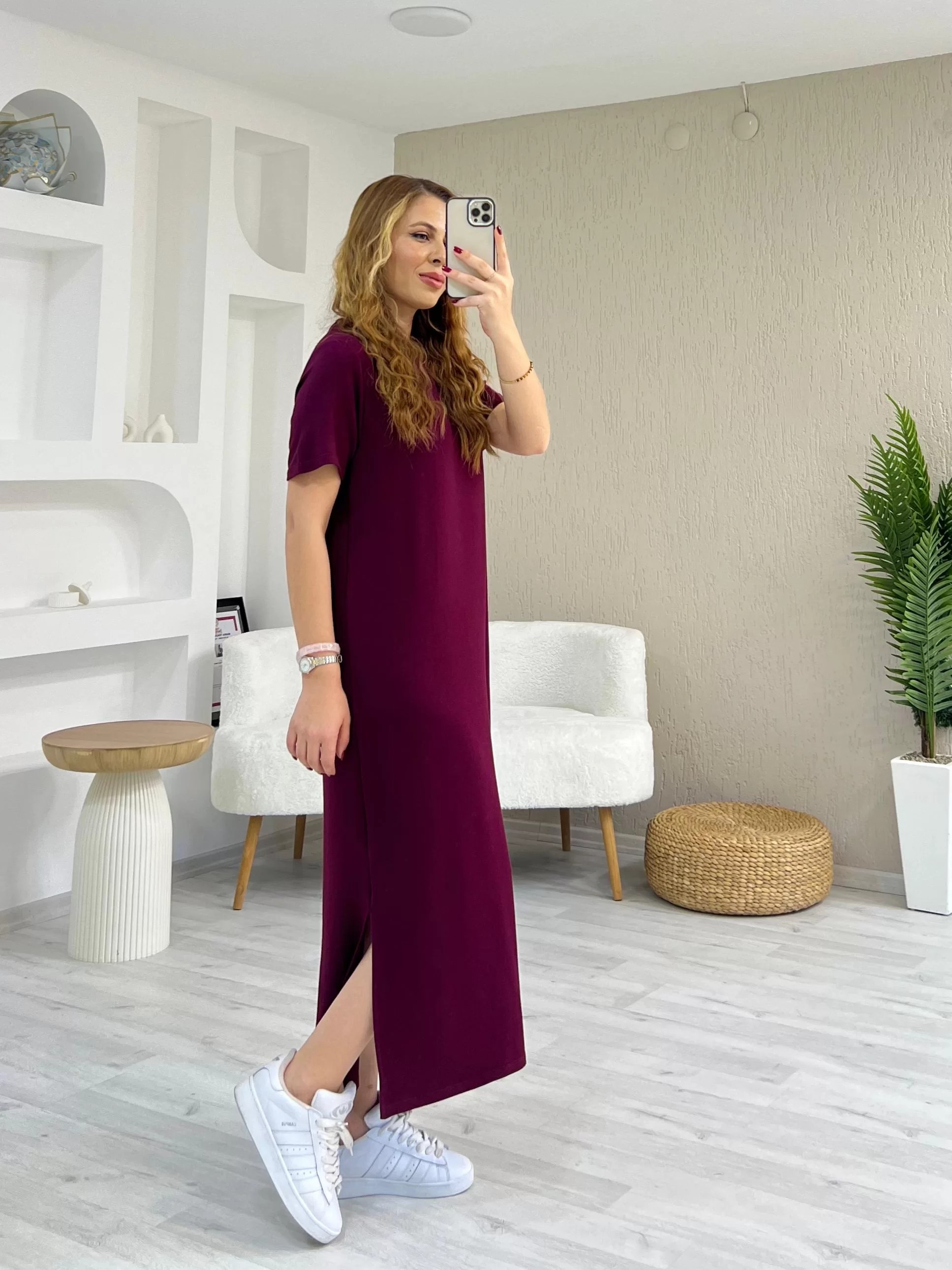 Yırtmaçlı Modal Elbise Bordo