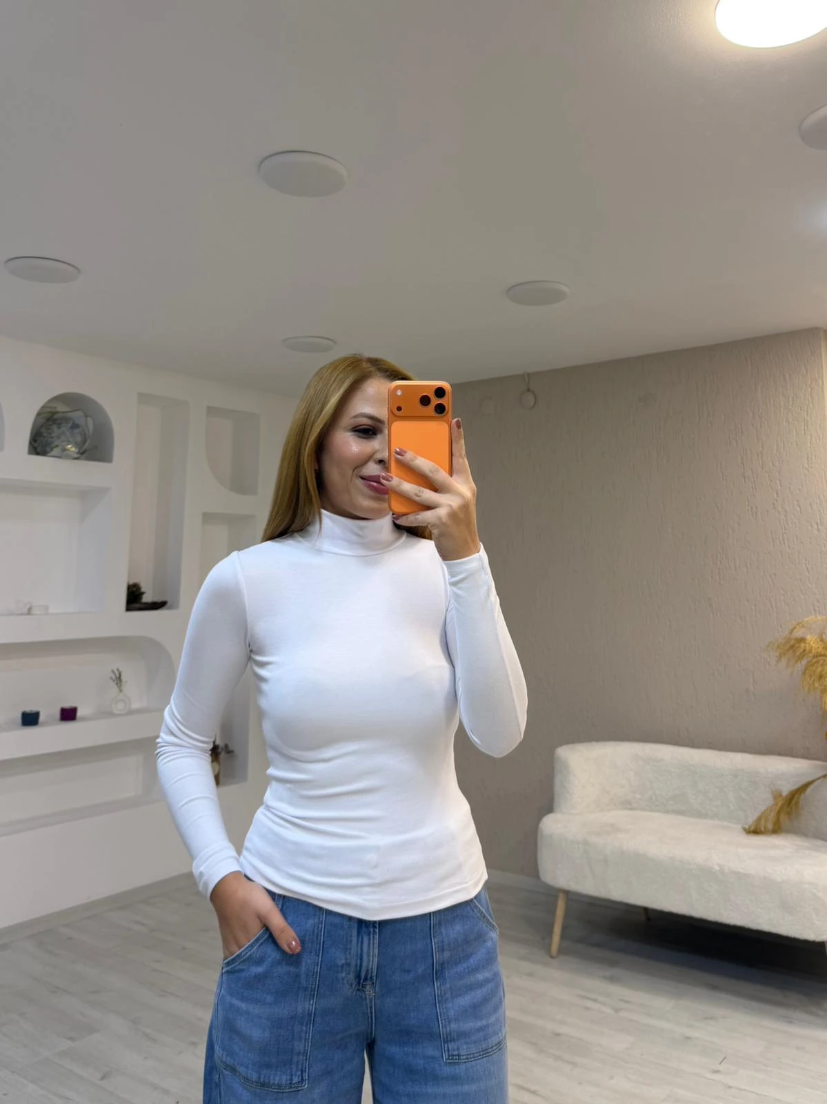 Buzi Yarım Balıkçı Bluz - Beyaz