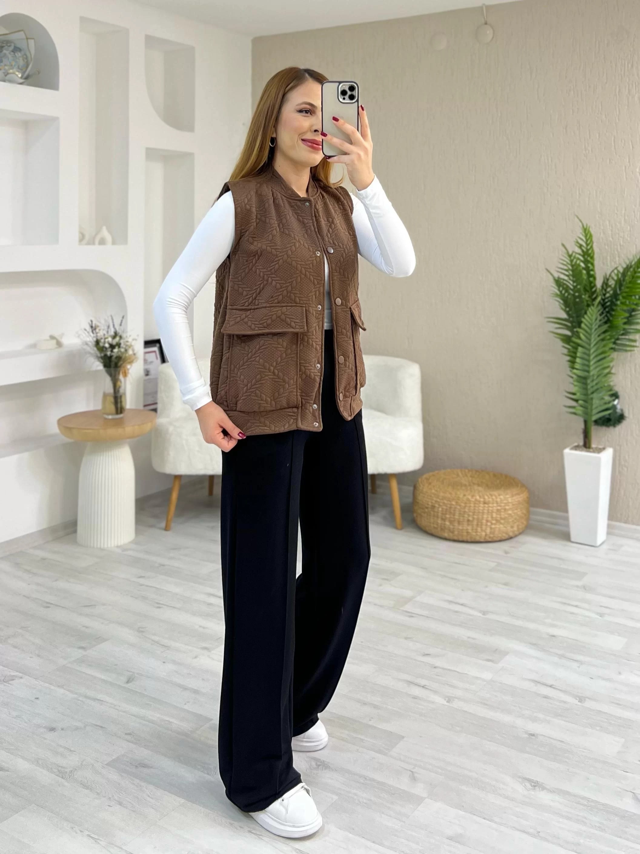 Kapitoneli Yelekli Takım Kahverengi