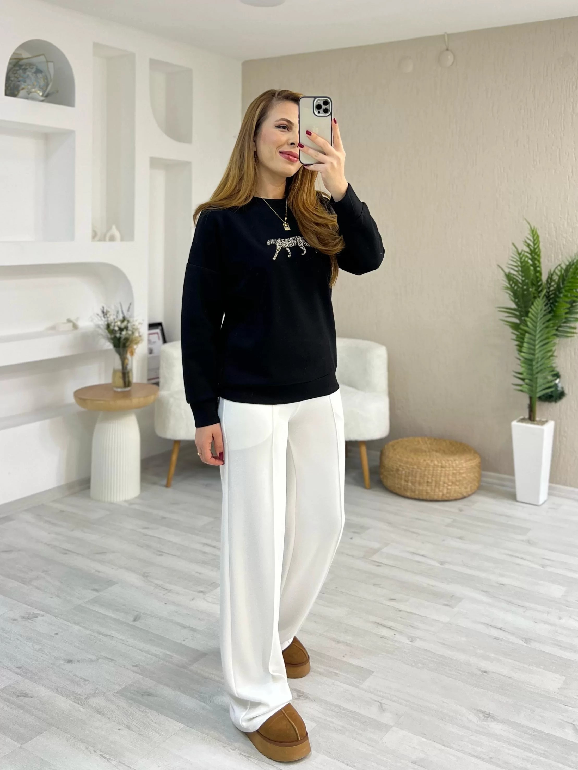Leopar Detay Baskılı Sweat Siyah