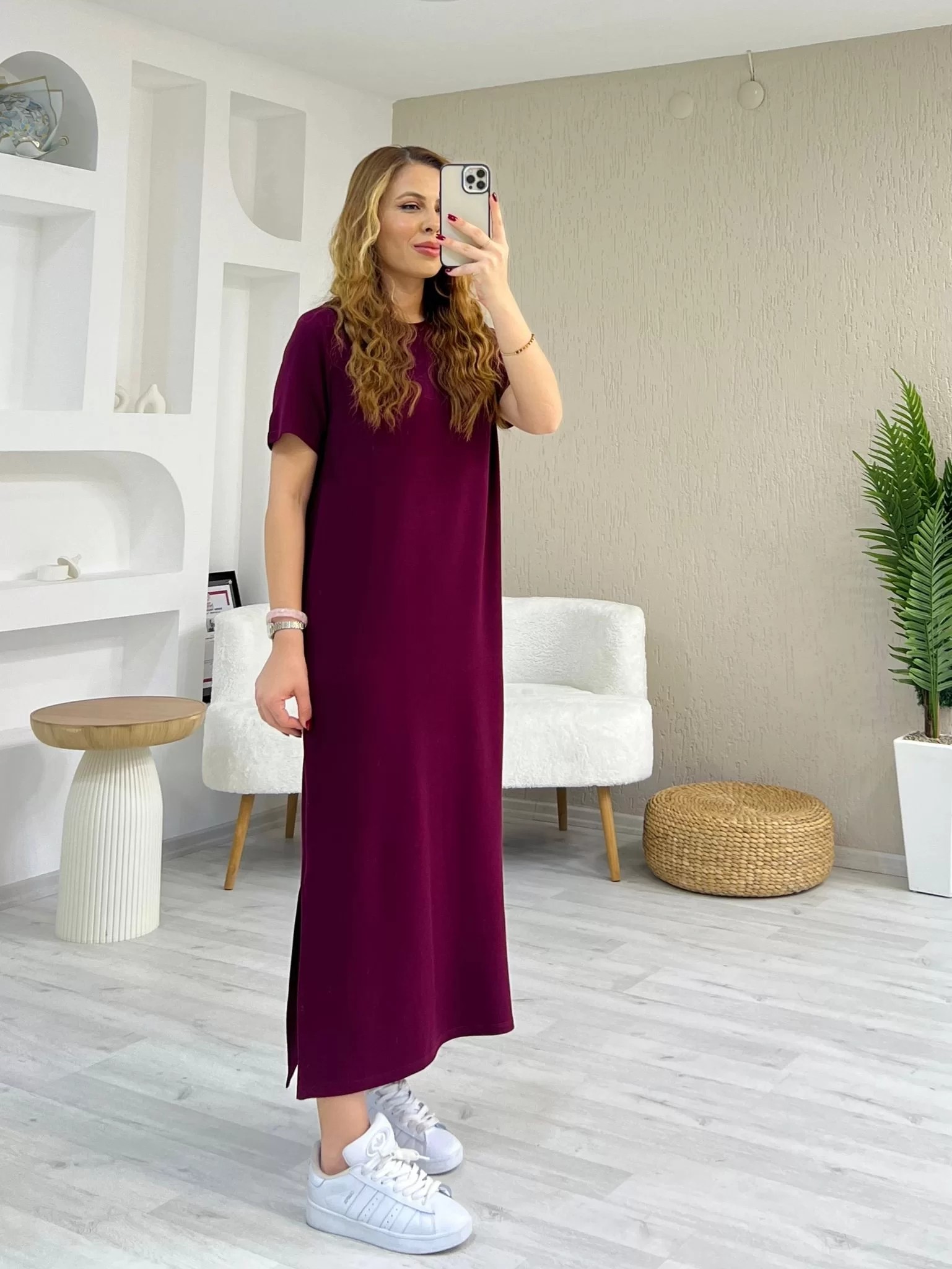 Yırtmaçlı Modal Elbise Bordo
