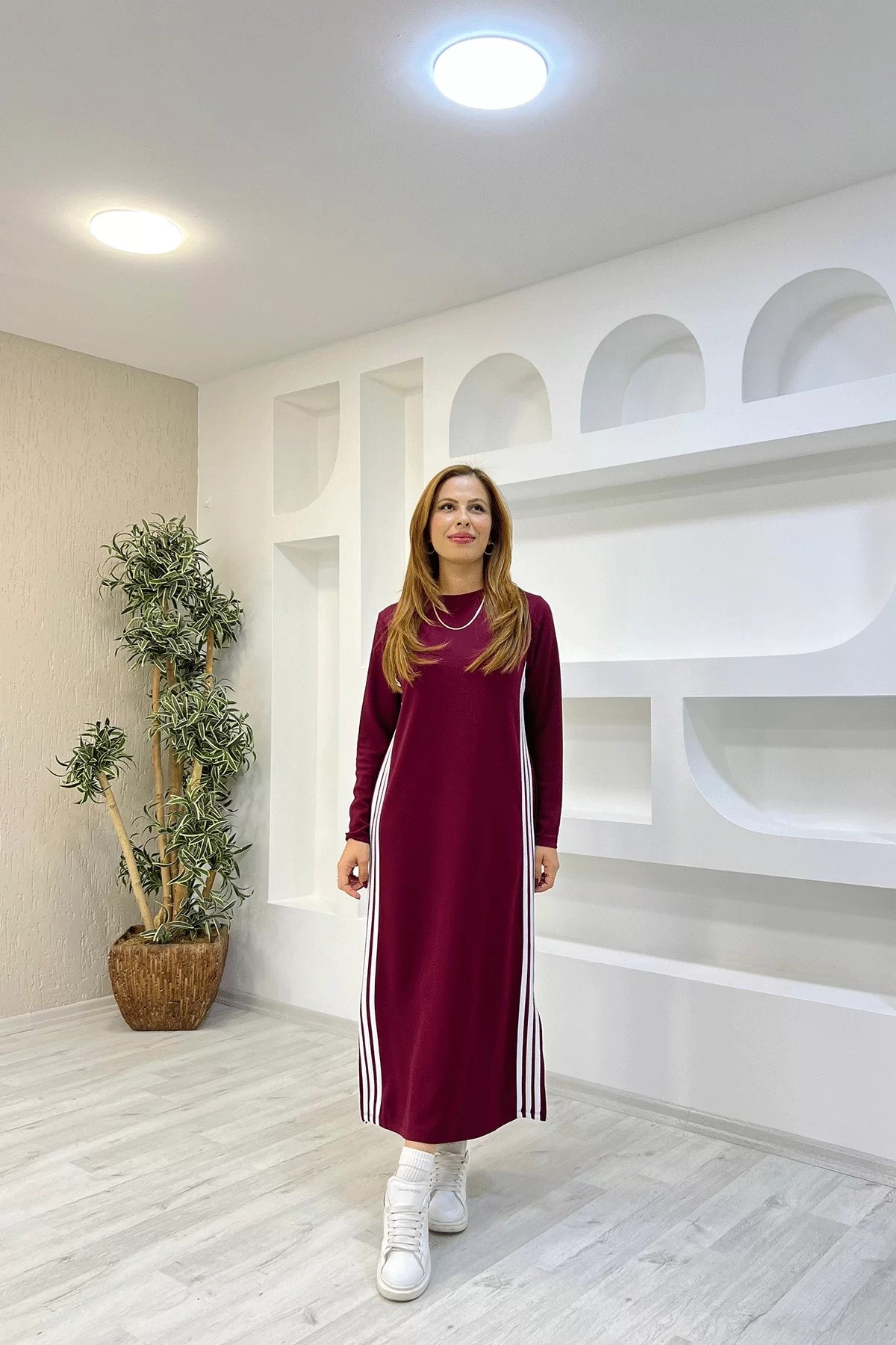 Çizgili Şeritli Bordo Elbise