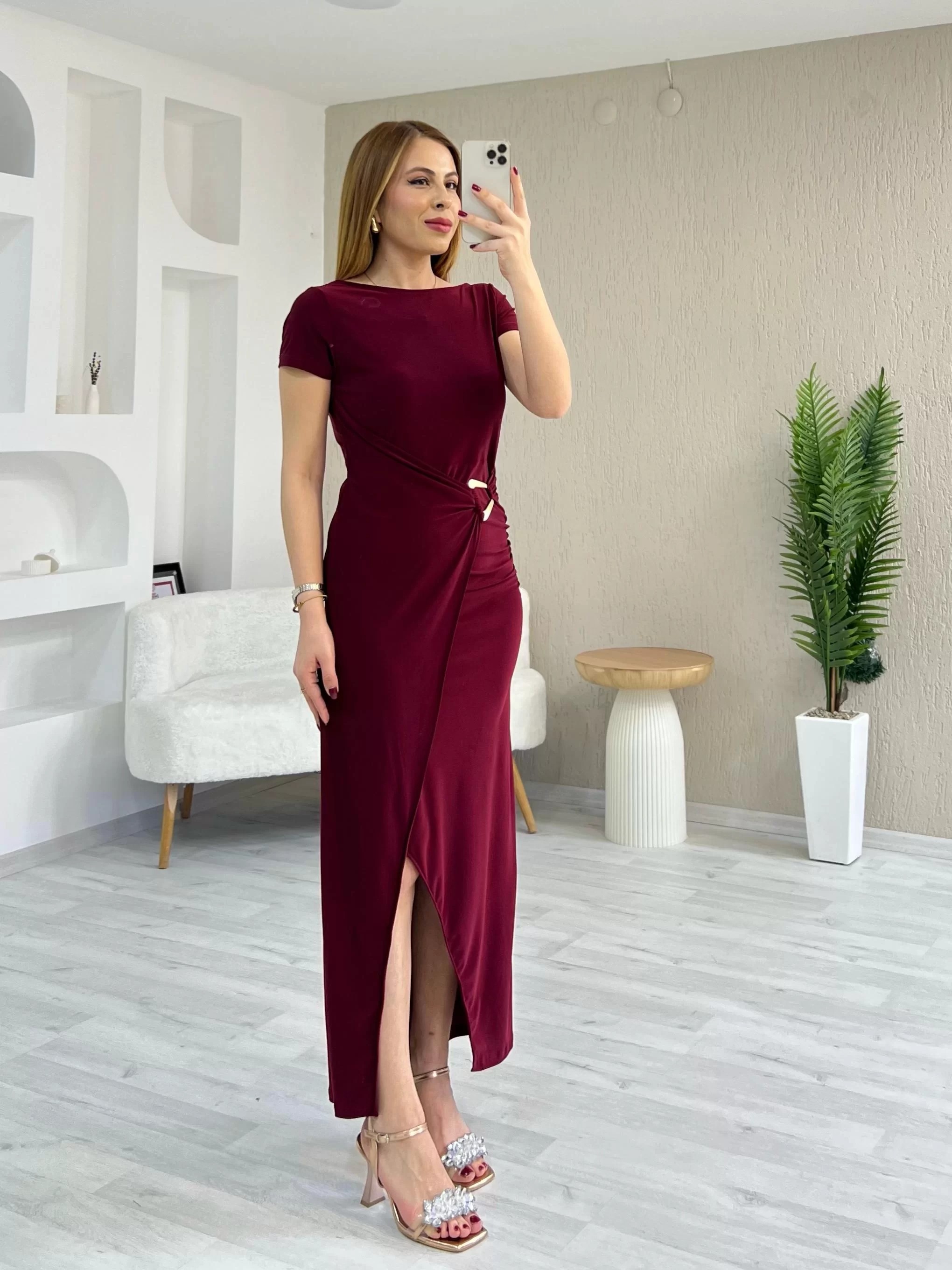 Toka Detay Kruvaze Sandy Elbise Bordo