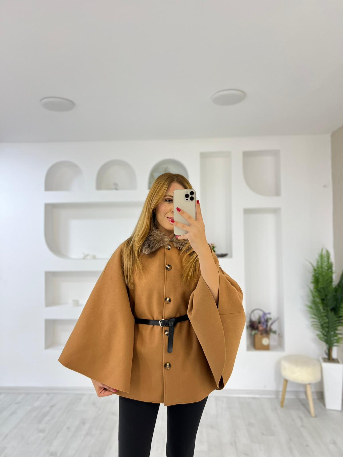 Kendinden Kemerli Panço Ceket - Taba