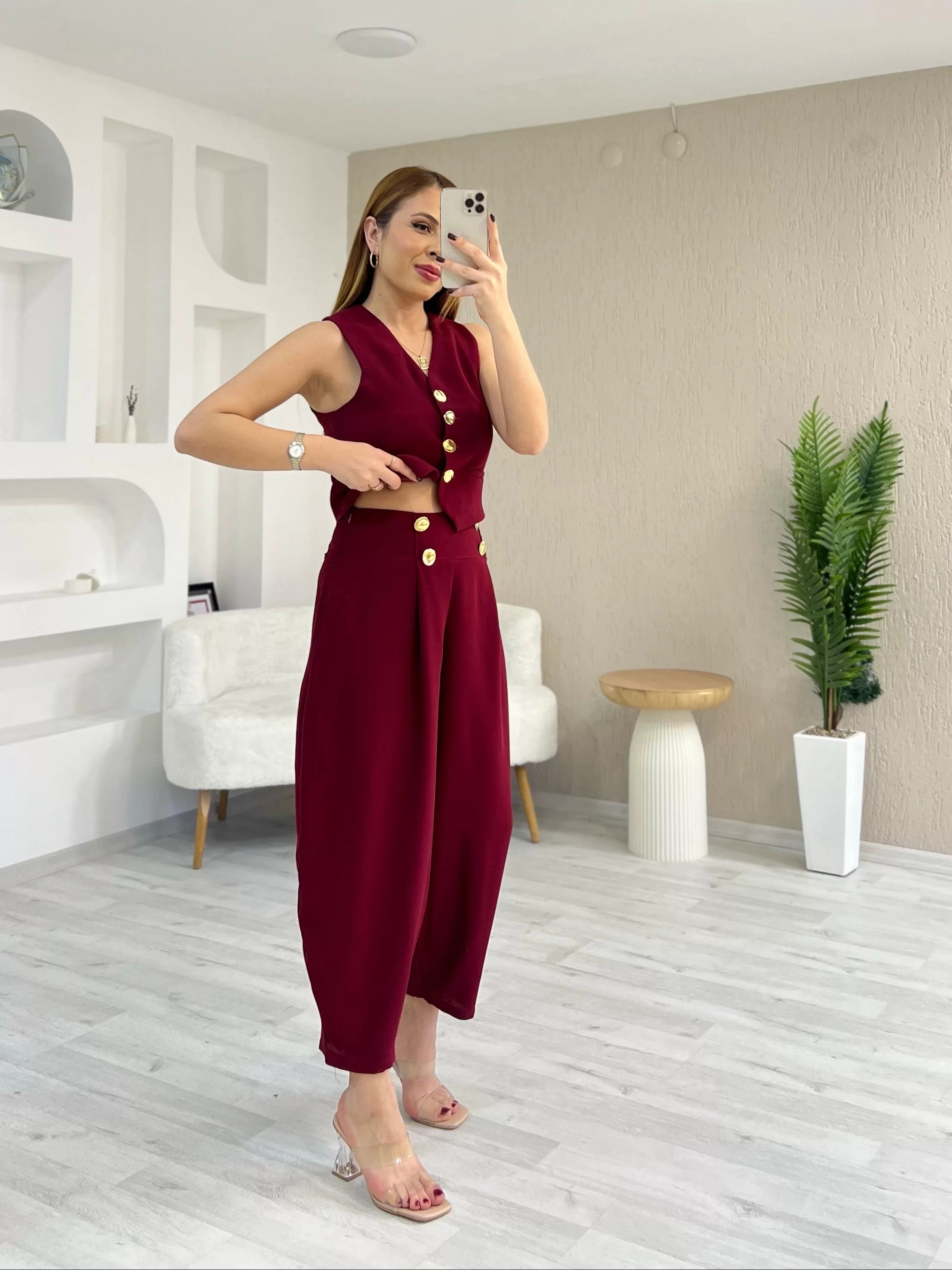 Tasarım Düğmeli Yelek Takım Bordo