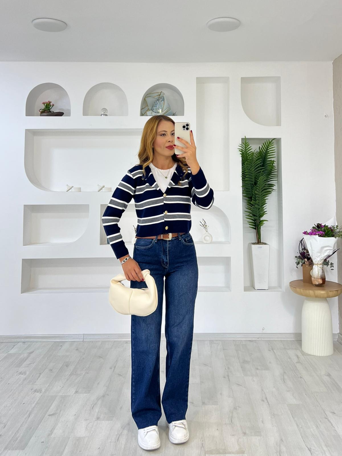 Düğmeli Çizgili Hırka - Lacivert