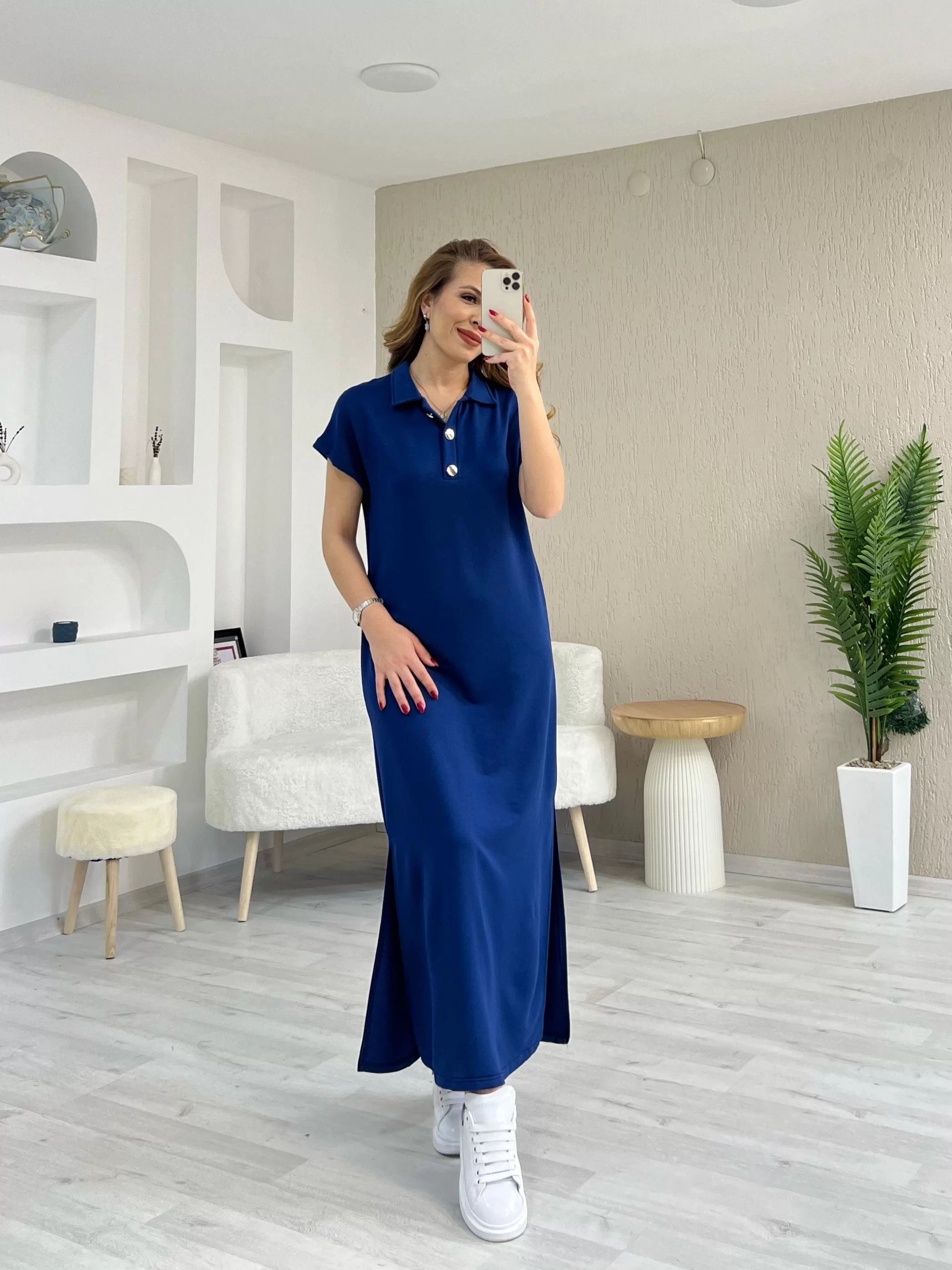 Polo Yaka Gold Düğmeli Yırtmaçlı Elbise Saks Mavi