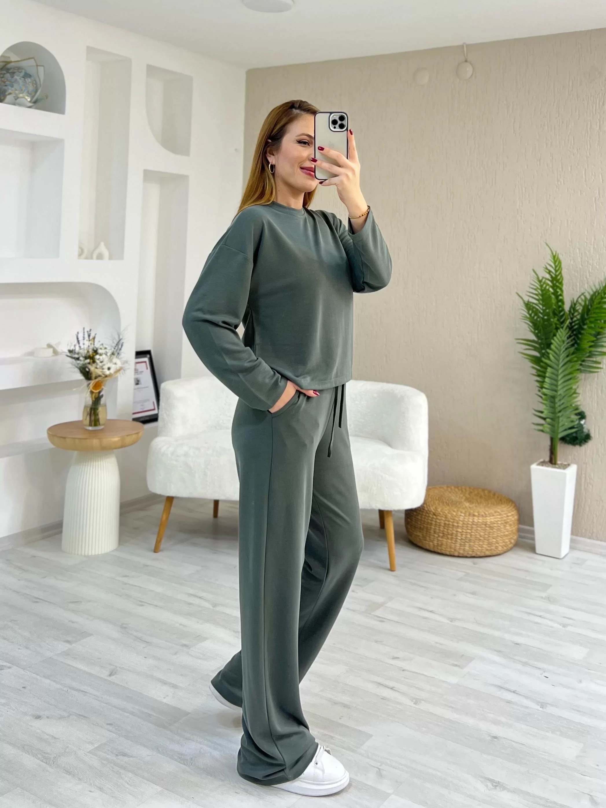Oysho Kumaş Uzun Kol Bisiklet Yaka Pike Modal Takım Haki