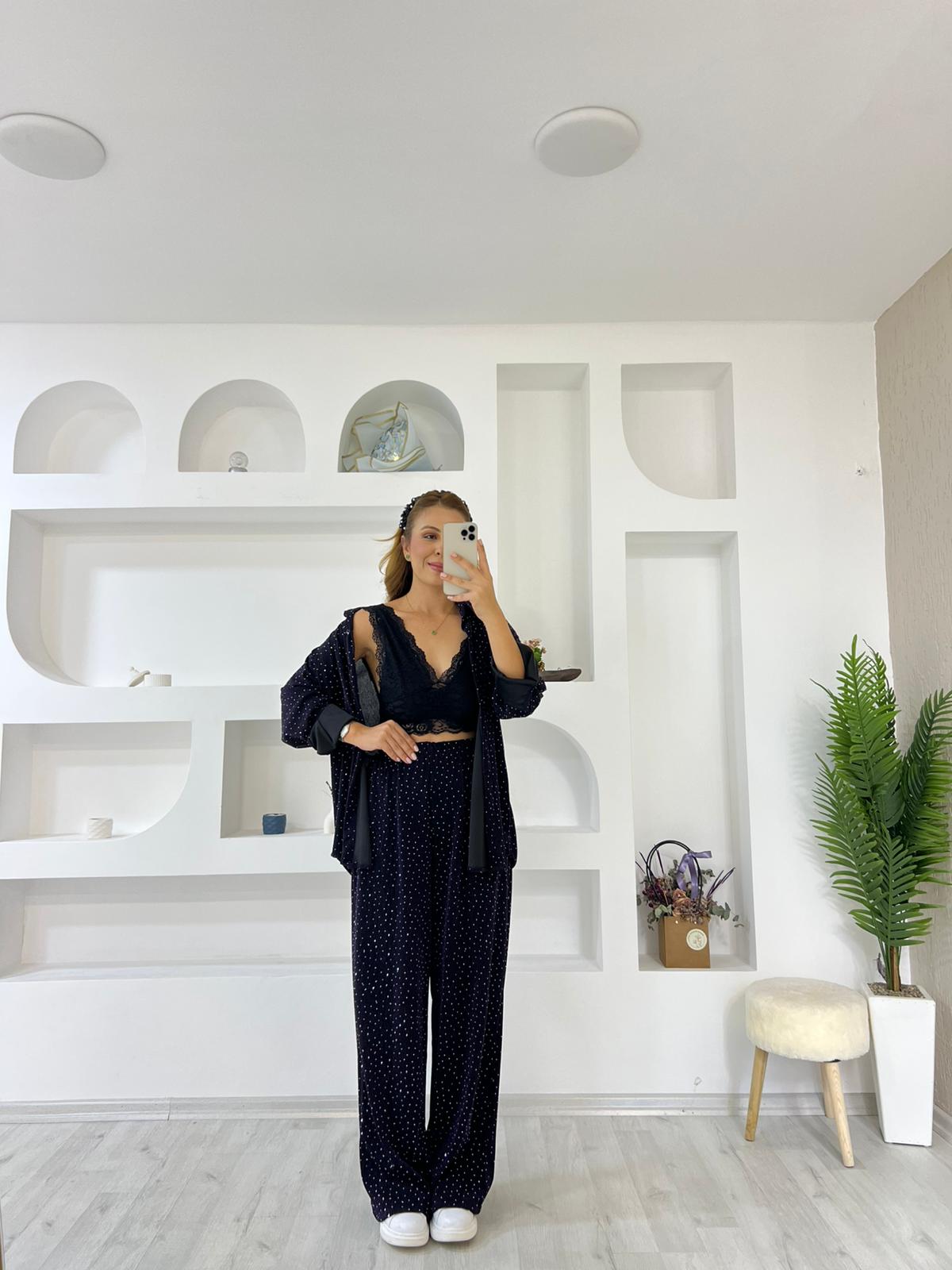 Taş İşlemeli Gömlekli Takım - Lacivert