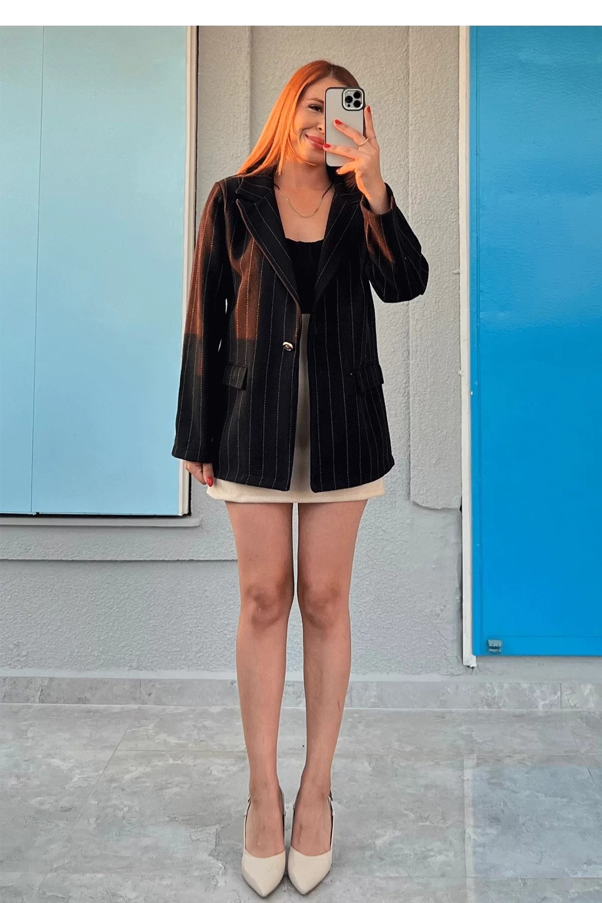 Çizgili Blazer Keten Siyah Ceket
