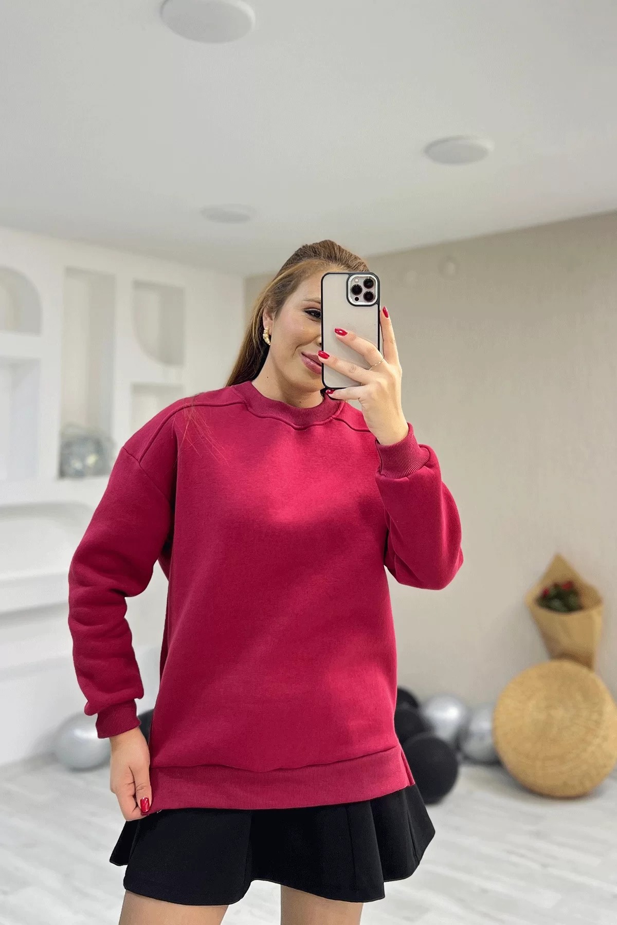 Yan Fermuarlı Kırmızı Sweatshirt