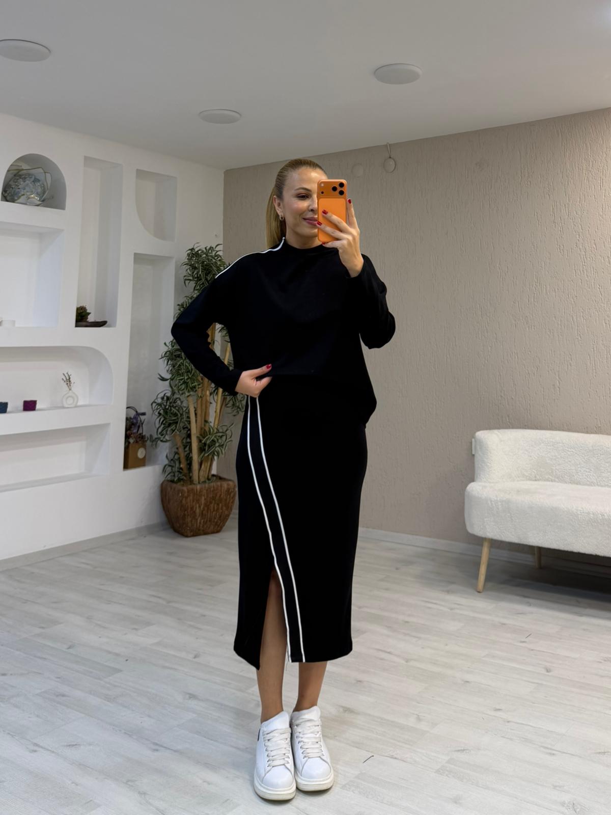 Şerit Detay Yırtmaçlı Etek Takım - Siyah