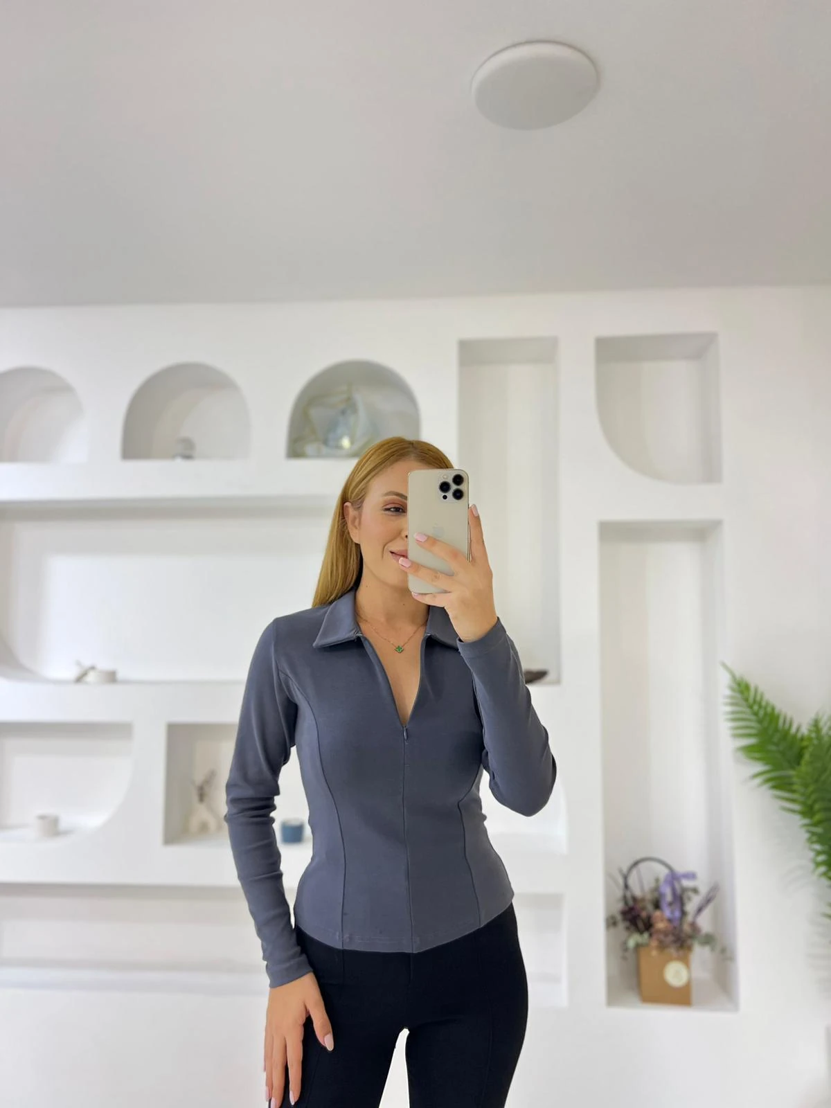 Polo Yaka Gizli Fermuarlı Bady - Gri